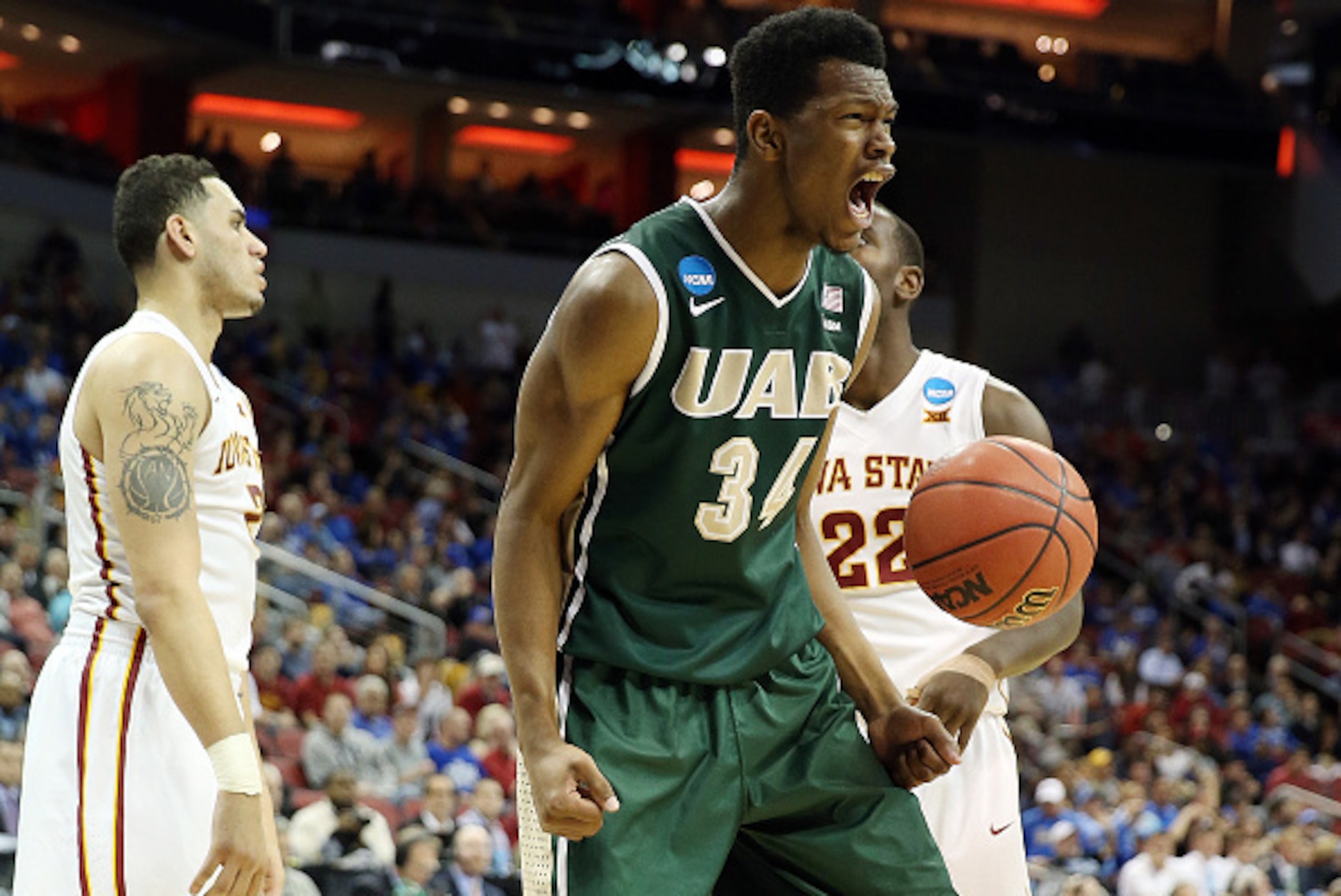 LOUISVILLE, KY - MARCH 19:  William Lee #34 of the UAB Blazers reacts after a play against the Iowa State Cyclones  during the second round of the 2015 NCAA Men's Basketball Tournamenat at the KFC YUM! Center on March 19, 2015 in Louisville, Kentucky.  (P