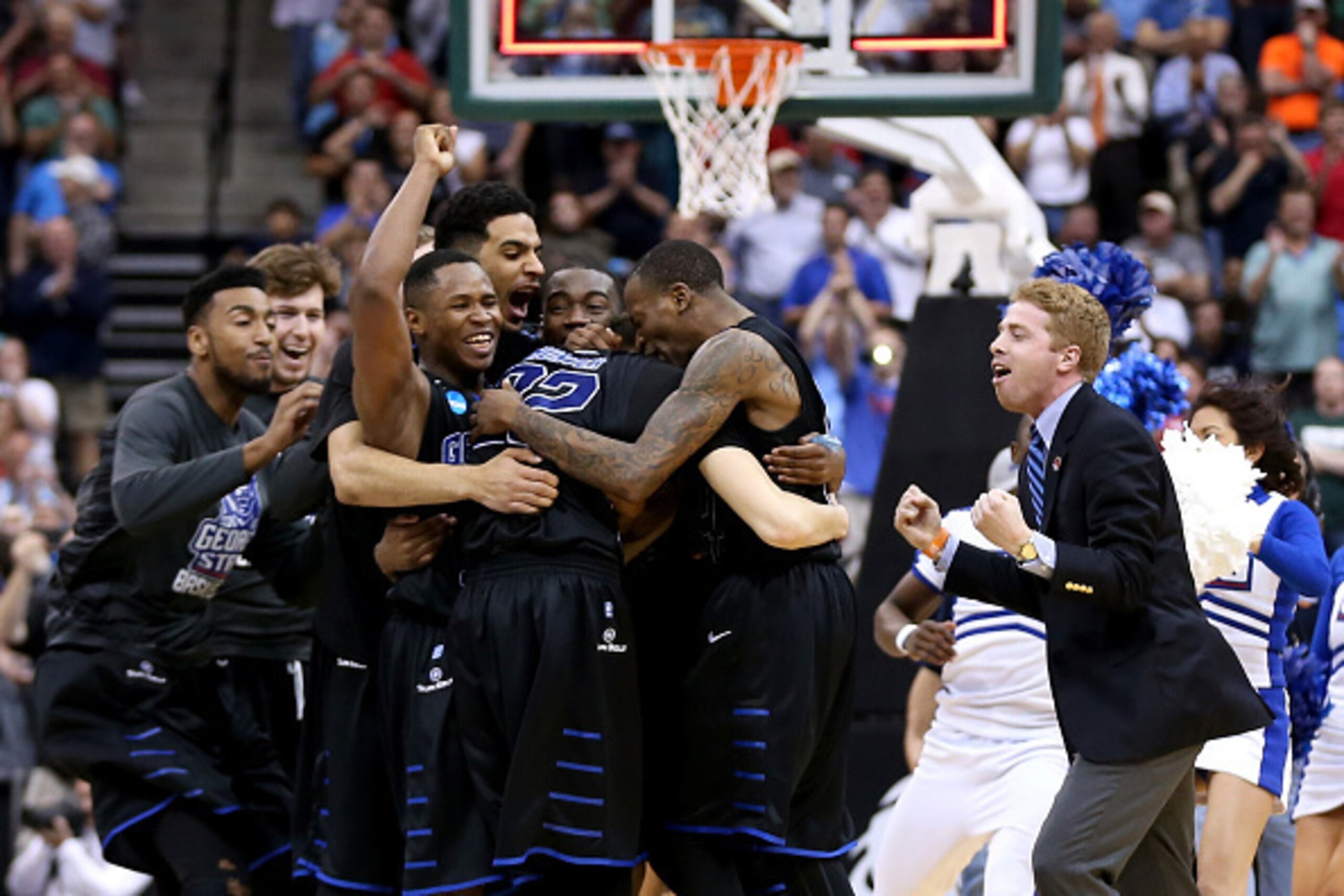 JACKSONVILLE, FL - MARCH 19:  The Georgia State Panthers celebrate after the Panthers win 57-56 against the Baylor Bears in the second round of the 2015 NCAA Men's Basketball Tournament at Jacksonville Veterans Memorial Arena on March 19, 2015 in Jacksonv
