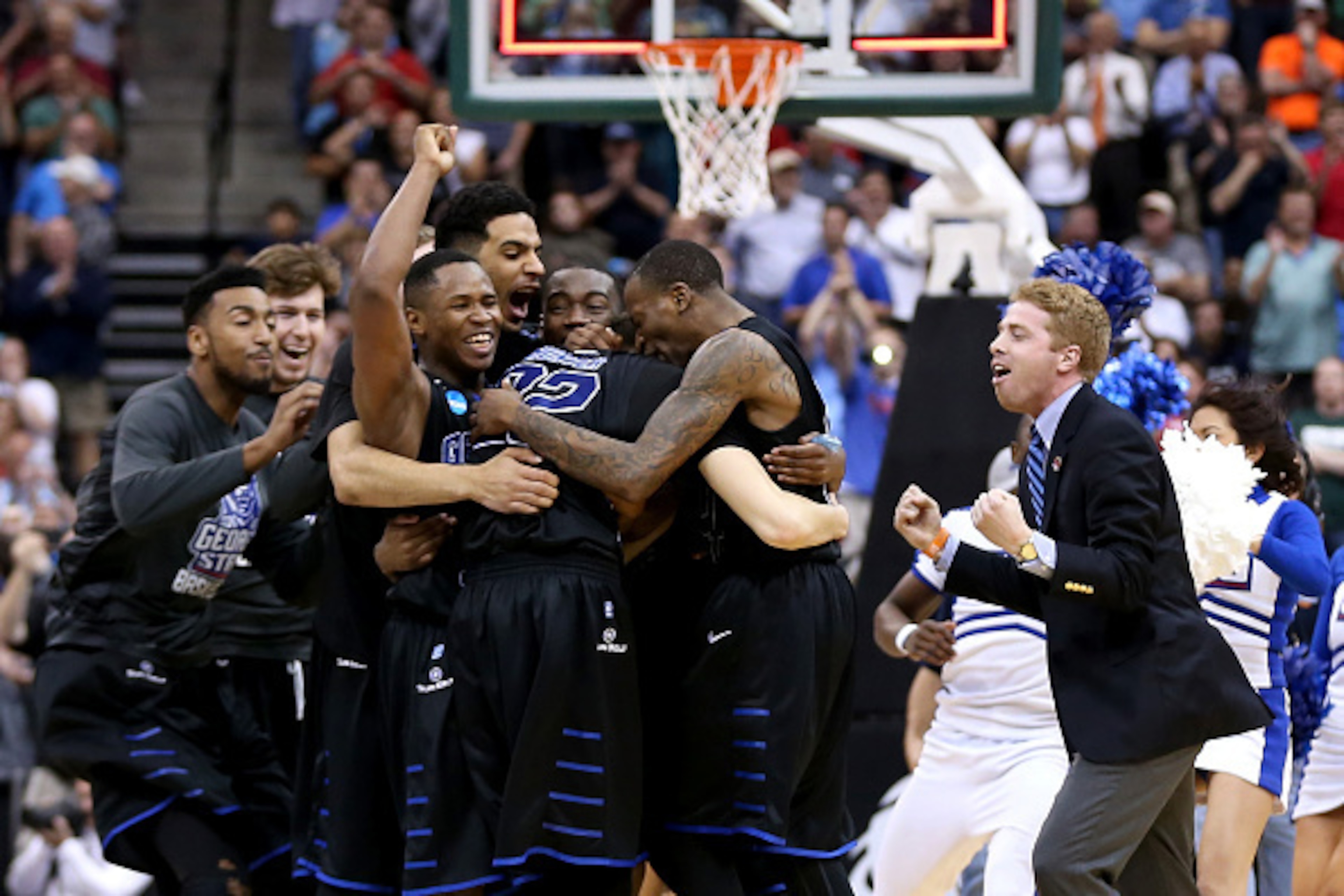 JACKSONVILLE, FL - MARCH 19:  The Georgia State Panthers celebrate after the Panthers win 57-56 against the Baylor Bears in the second round of the 2015 NCAA Men's Basketball Tournament at Jacksonville Veterans Memorial Arena on March 19, 2015 in Jacksonv