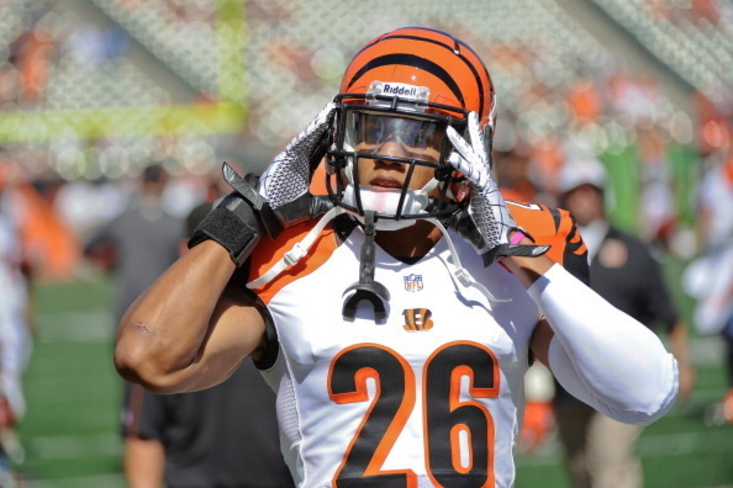 CINCINNATI, OH - SEPTEMBER 16:  Taylor Mays #26 of the Cincinnati Bengals warms up before a game against the Cleveland Browns at Paul Brown Stadium on September 16, 2012 in Cincinnati, Ohio.  (Photo by Jamie Sabau/Getty Images)