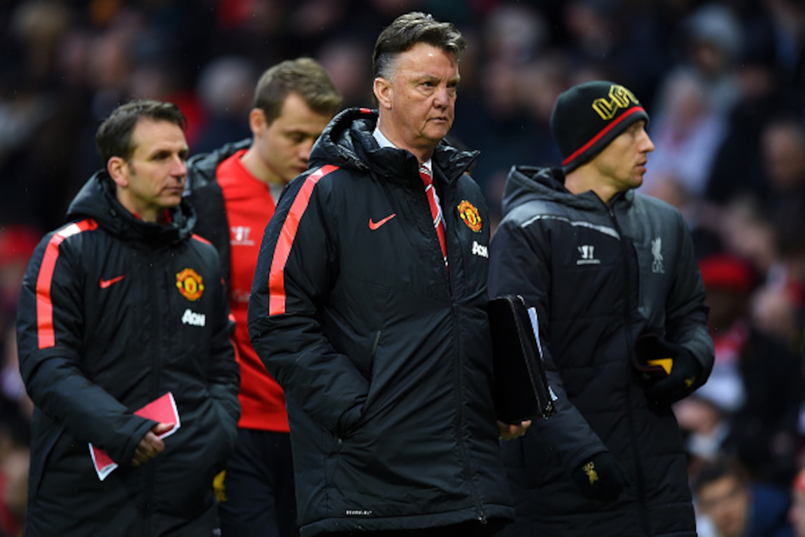 MANCHESTER, ENGLAND - DECEMBER 14:  Manchester United Manager Louis van Gaal walks off at half-time during the Barclays Premier League match between Manchester United and Liverpool at Old Trafford on December 14, 2014 in Manchester, England.  (Photo by Sh