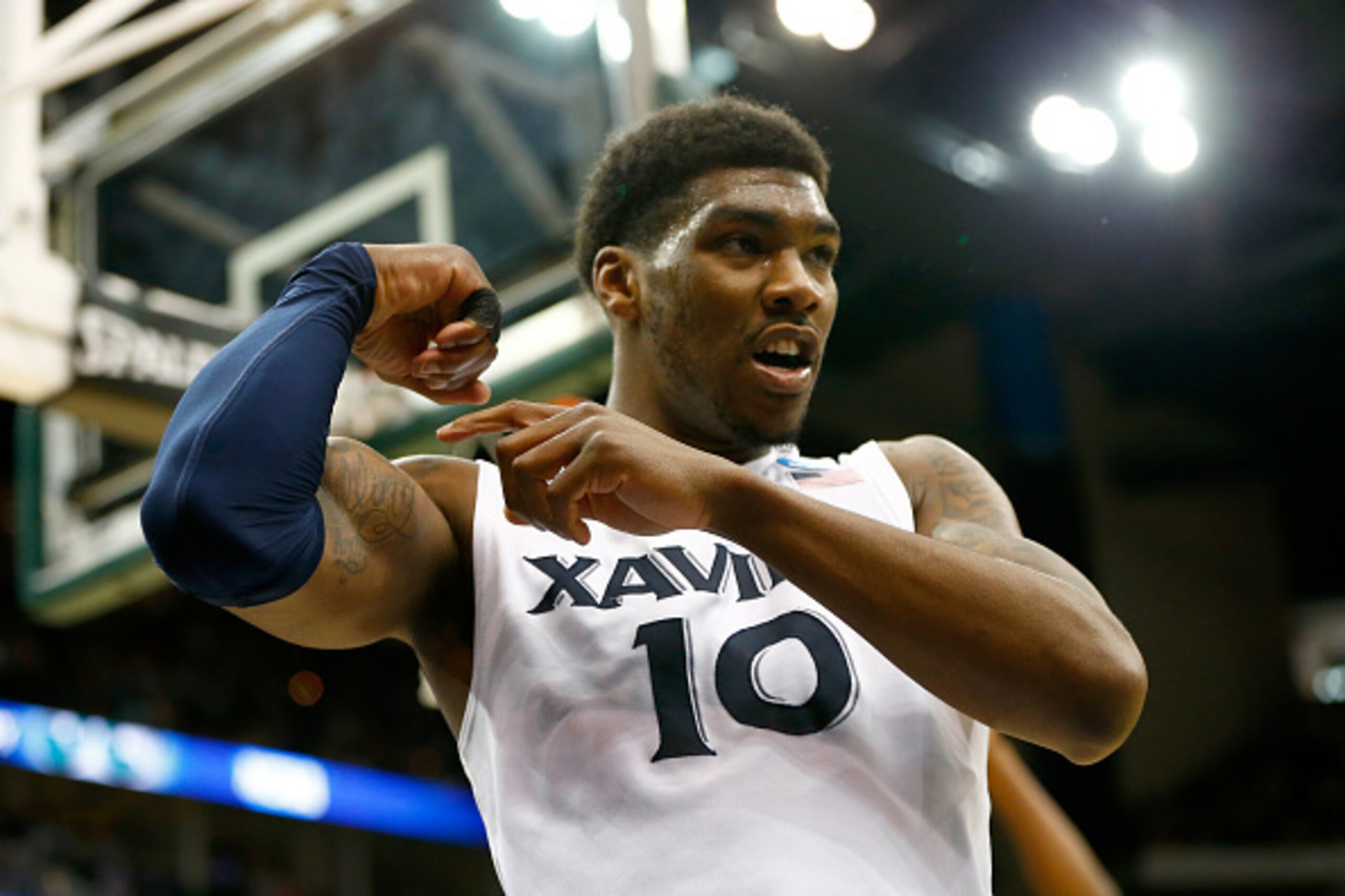 JACKSONVILLE, FL - MARCH 19:  Remy Abell #10 of the Xavier Musketeers flexes after drawing a foul in the second half against the Mississippi Rebels during the second round of the 2015 NCAA Men's Basketball Tournament at Jacksonville Veterans Memorial Aren