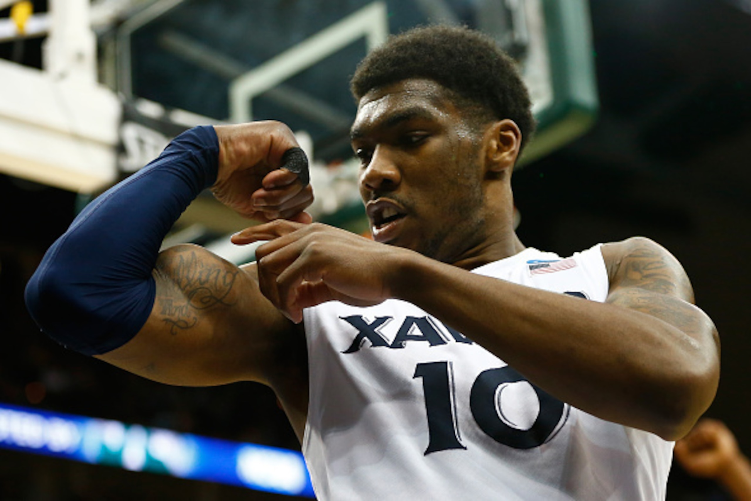 JACKSONVILLE, FL - MARCH 19:  Remy Abell #10 of the Xavier Musketeers flexes after drawing a foul in the second half against the Mississippi Rebels during the second round of the 2015 NCAA Men's Basketball Tournament at Jacksonville Veterans Memorial Aren