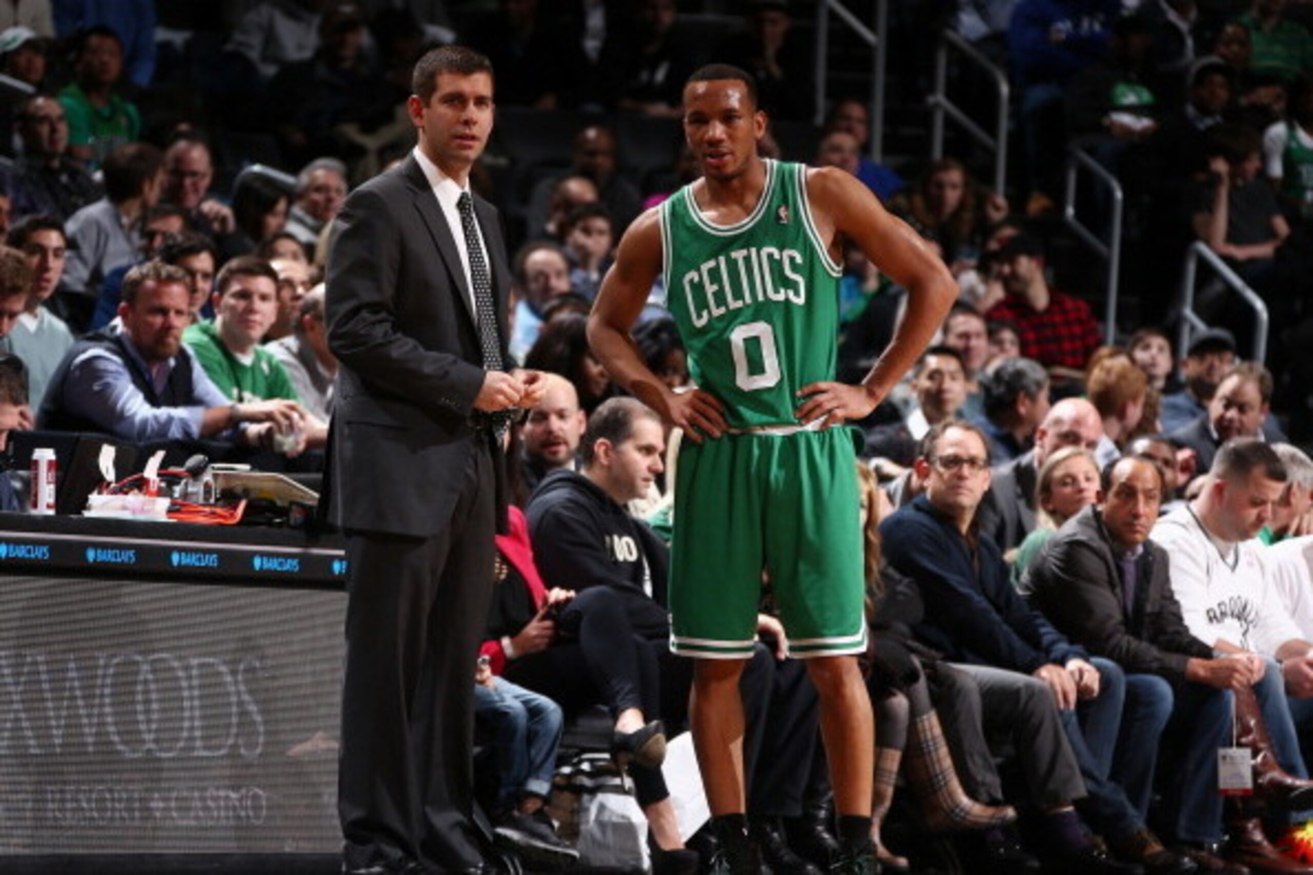 NEW YORK, NY - DECEMBER 10: Head Coach Brad Stevens of the Boston Celtics talks with Avery Bradley #0 during a game against the Brooklyn Nets at Barclays Center on December 10, 2013 in the Brooklyn borough of New York City.  NOTE TO USER: User expressly a