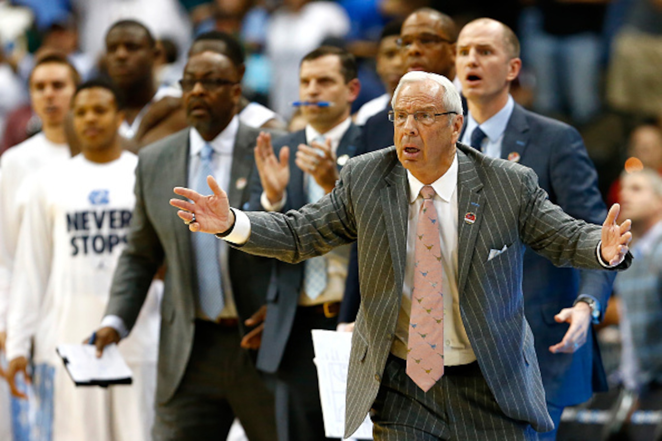 JACKSONVILLE, FL - MARCH 19:  Head coach Roy Williams of the North Carolina Tar Heels reacts against the Harvard Crimson during the second round of the 2015 NCAA Men's Basketball Tournament at Jacksonville Veterans Memorial Arena on March 19, 2015 in Jack