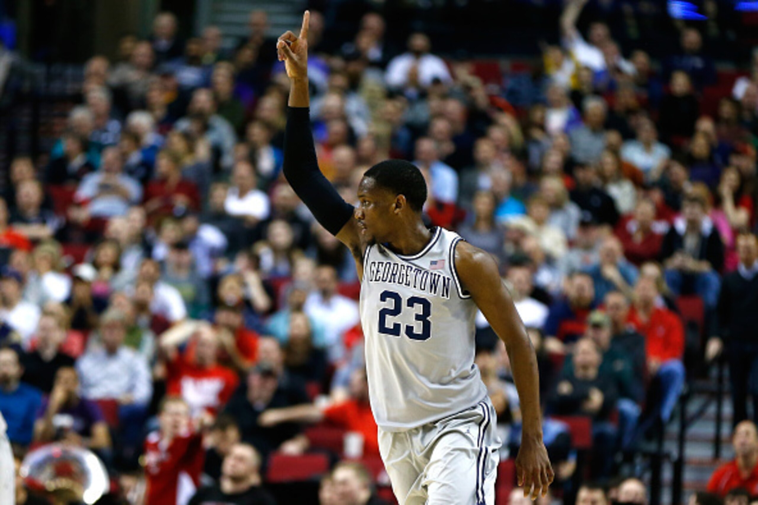 PORTLAND, OR - MARCH 19: Aaron Bowen #23 of the Georgetown Hoyas reacts after a basket in the first half against the Eastern Washington Eagles during the second round of the 2015 NCAA Men's Basketball Tournament at Moda Center on March 19, 2015 in Portlan