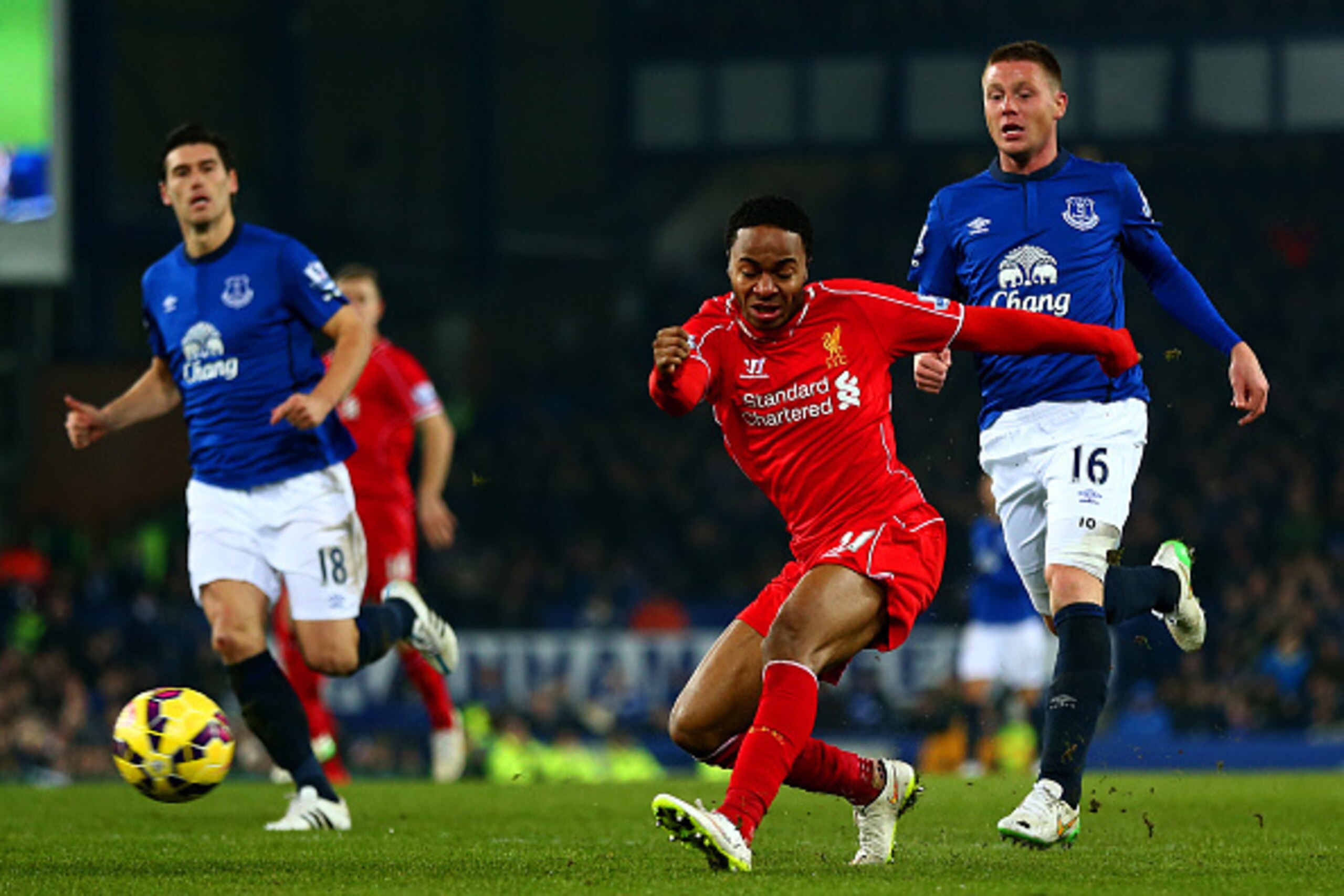 LIVERPOOL, ENGLAND - FEBRUARY 07:  Raheem Sterling of Liverpool shoots at goal during the Barclays Premier League match between Everton and Liverpool at Goodison Park on February 7, 2015 in Liverpool, England.  (Photo by Clive Brunskill/Getty Images)
