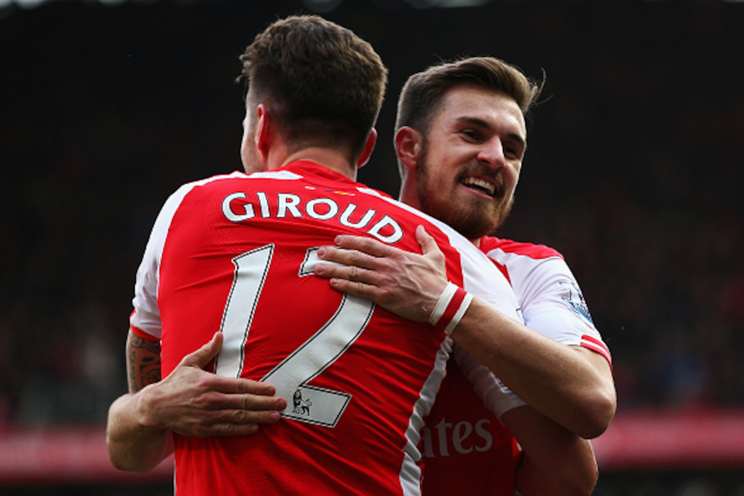 LONDON, ENGLAND - MARCH 14: Aaron Ramsey of Arsenal celebrates his goal with Olivier Giroud of Arsenal during the Barclays Premier League match between Arsenal and West Ham United at Emirates Stadium on March 14, 2015 in London, England. (Photo by Ian Wa LONDON, ENGLAND - MARCH 14: Aaron Ramsey of Arsenal celebrates his goal with Olivier Giroud of Arsenal during the Barclays Premier League match between Arsenal and West Ham United at Emirates Stadium on March 14, 2015 in London, England. (Photo by Ian Wa