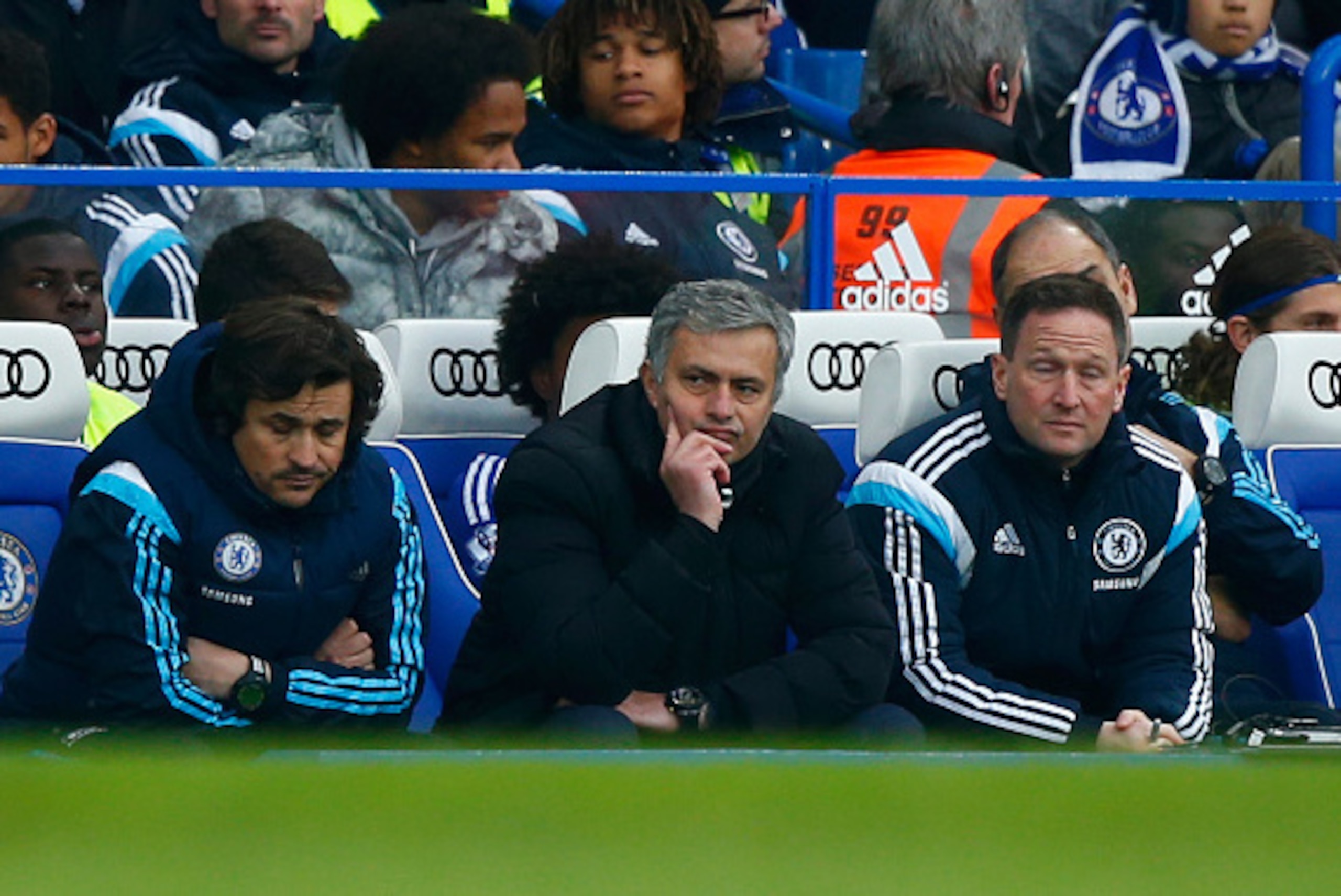LONDON, ENGLAND - MARCH 15: Manager Jose Mourinho of Chelsea (c) looks on from the bench during the Barclays Premier League match between Chelsea and Southampton at Stamford Bridge on March 15, 2015 in London, England. (Photo by Clive Rose/Getty Images) LONDON, ENGLAND - MARCH 15: Manager Jose Mourinho of Chelsea (c) looks on from the bench during the Barclays Premier League match between Chelsea and Southampton at Stamford Bridge on March 15, 2015 in London, England. (Photo by Clive Rose/Getty Images)