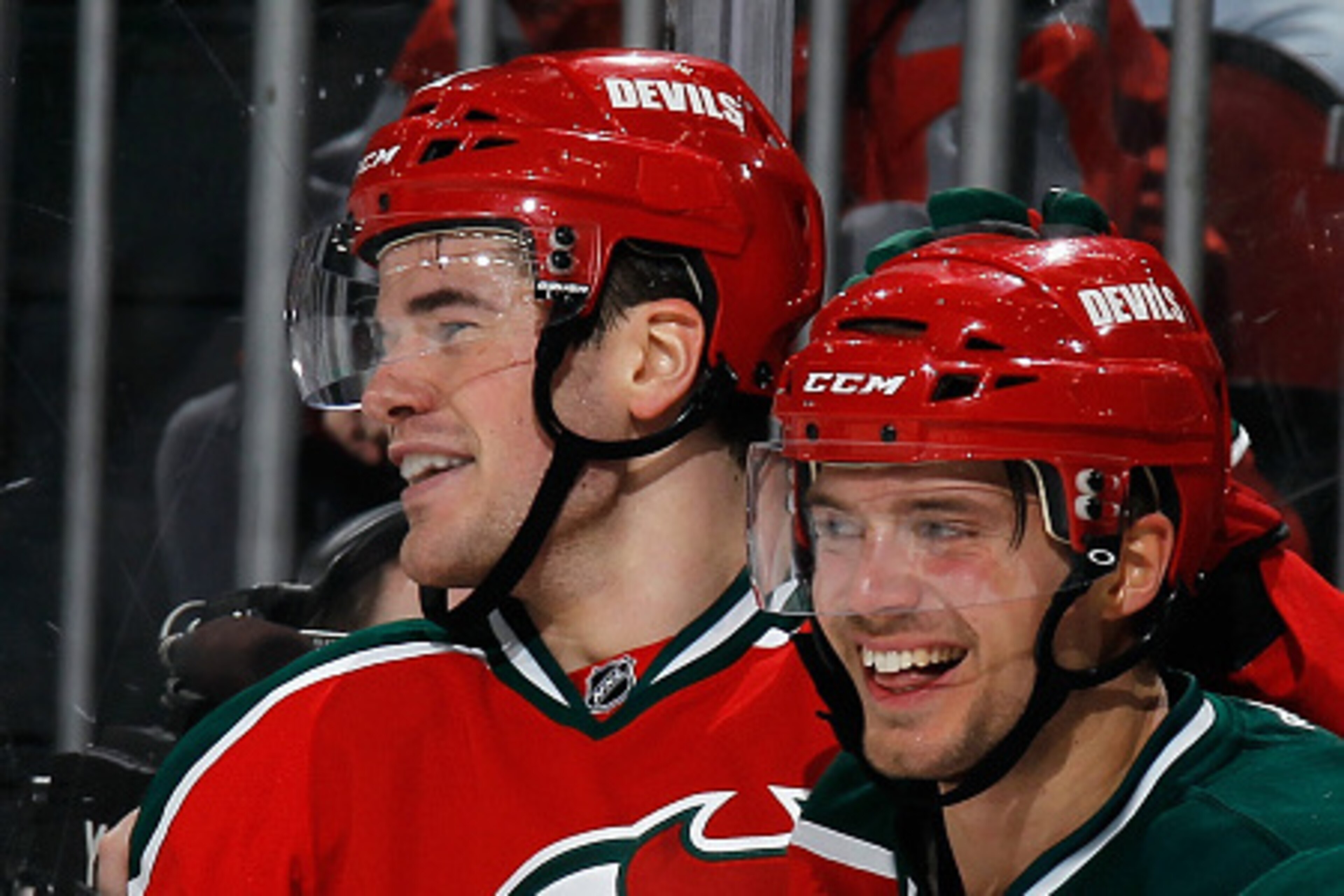 NEWARK, NJ - MARCH 17: Jacob Josefson #16 of the New Jersey Devils (r) celebrates his goal at 16:25 of the second period against the Pittsburgh Penguins and is joined by Eric Gelinas #22 (l) at the Prudential Center on March 17, 2015 in Newark, New Jersey