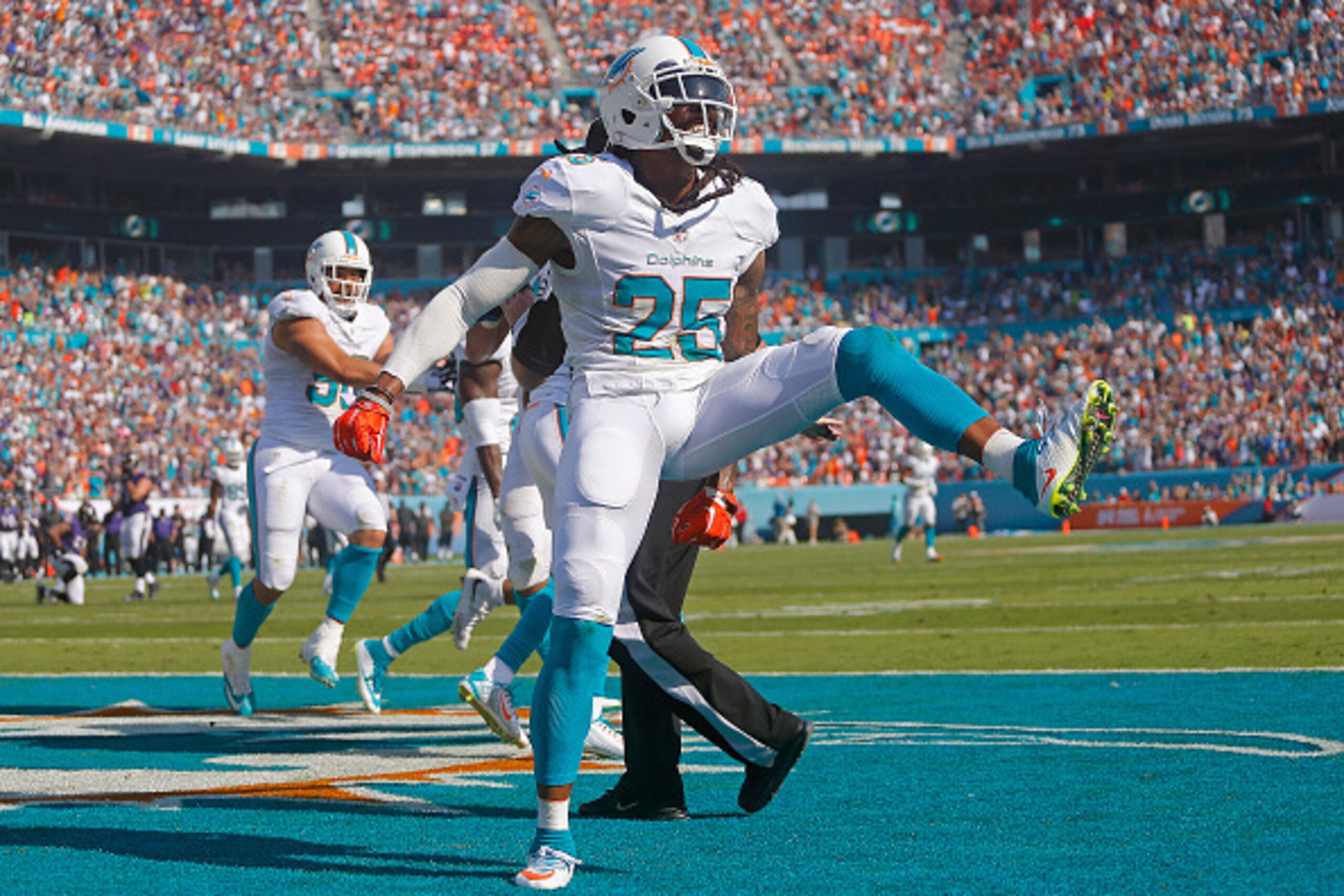 MIAMI GARDENS, FL - DECEMBER 07: Free safety Louis Delmas #25 of the Miami Dolphins celebrates his team's interception in the second quarter of play against the Baltimore Ravens during a game at Sun Life Stadium on December 7, 2014 in Miami Gardens, Flor MIAMI GARDENS, FL - DECEMBER 07: Free safety Louis Delmas #25 of the Miami Dolphins celebrates his team's interception in the second quarter of play against the Baltimore Ravens during a game at Sun Life Stadium on December 7, 2014 in Miami Gardens, Flor