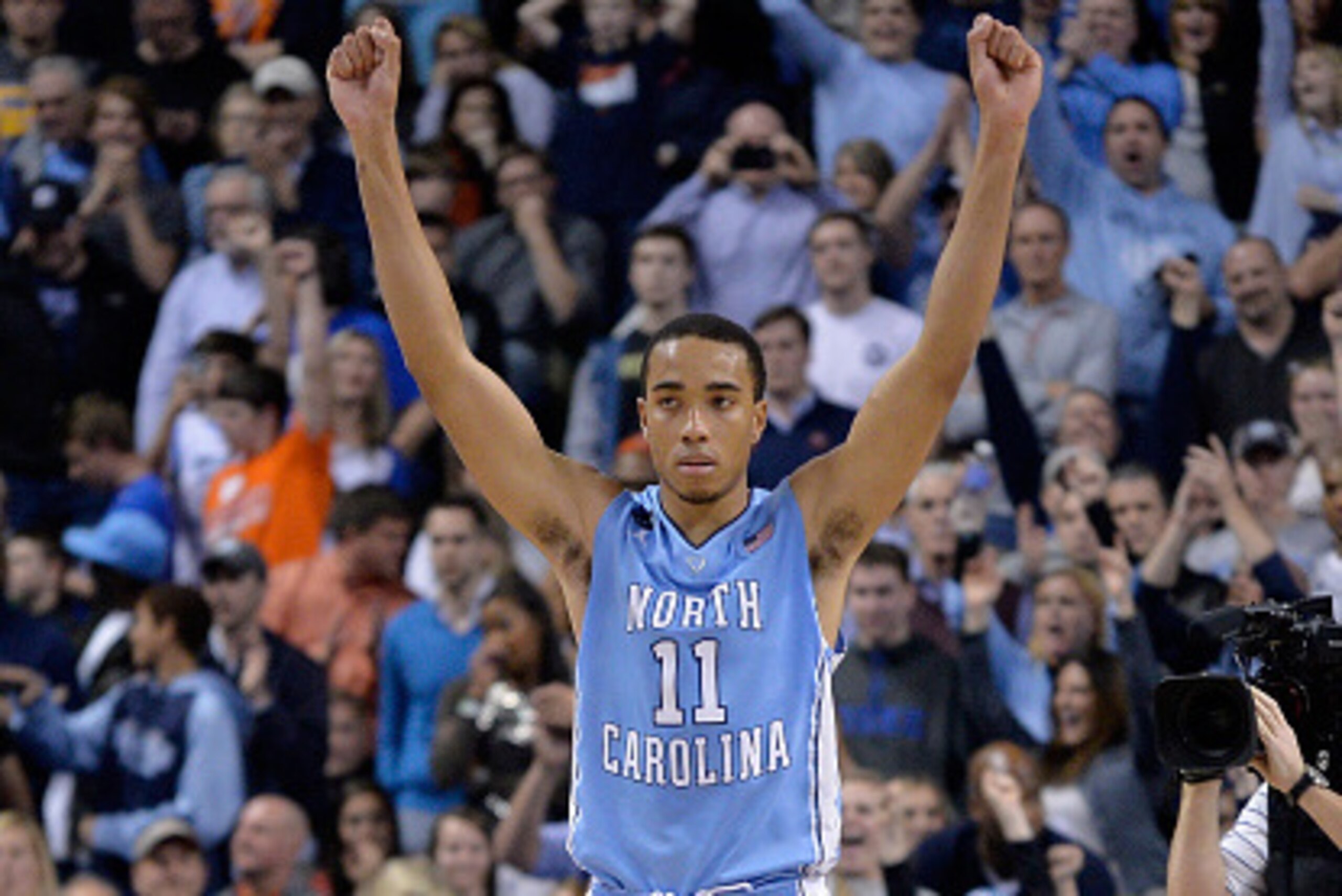 GREENSBORO, NC - MARCH 13:  Brice Johnson #11 of the North Carolina Tar Heels reacts against the Virginia Cavaliers during the semifinals of the 2015 ACC Basketball Tournament at Greensboro Coliseum on March 13, 2015 in Greensboro, North Carolina.  (Photo