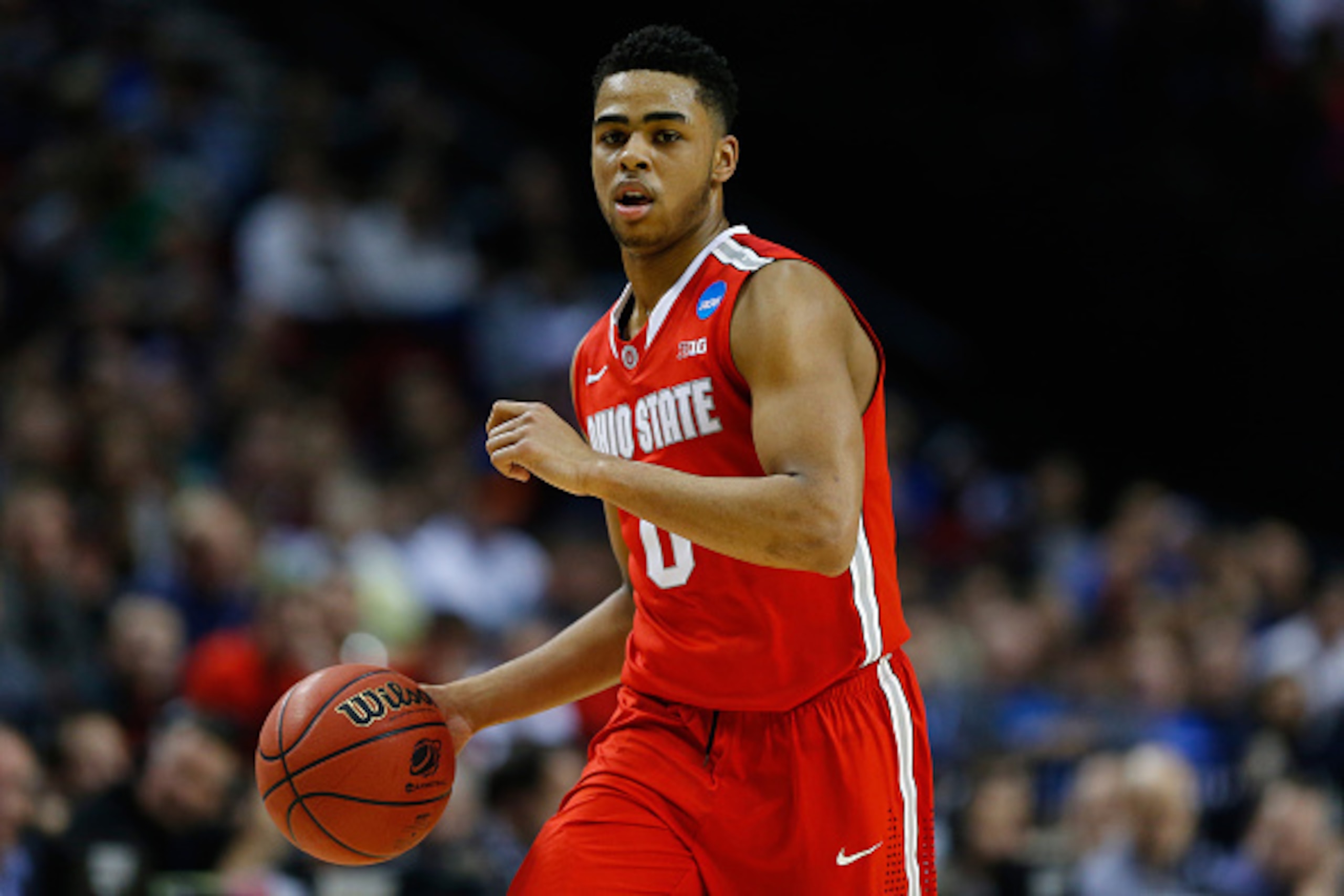 PORTLAND, OR - MARCH 19:  D'Angelo Russell #0 of the Ohio State Buckeyes dribbles up the court against the Virginia Commonwealth Rams in the first half during the second round of the 2015 NCAA Men's Basketball Tournament at Moda Center on March 19, 2015 i