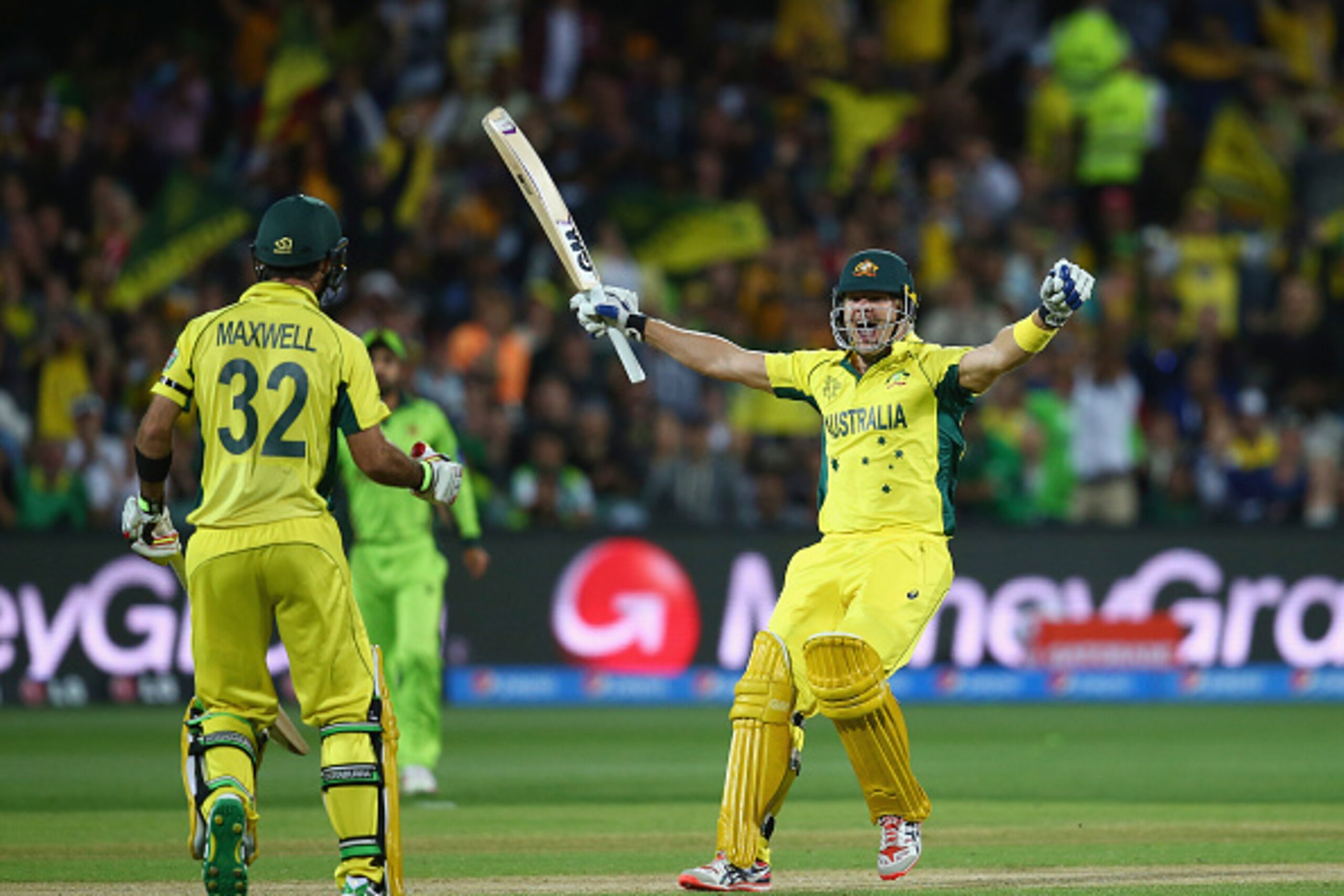 ADELAIDE, AUSTRALIA - MARCH 20:  Shane Watson and Glenn Maxwell of Australia celebrate victory during the 2015 ICC Cricket World Cup match between Australian and Pakistan at Adelaide Oval on March 20, 2015 in Adelaide, Australia.  (Photo by Ryan Pierse/Ge