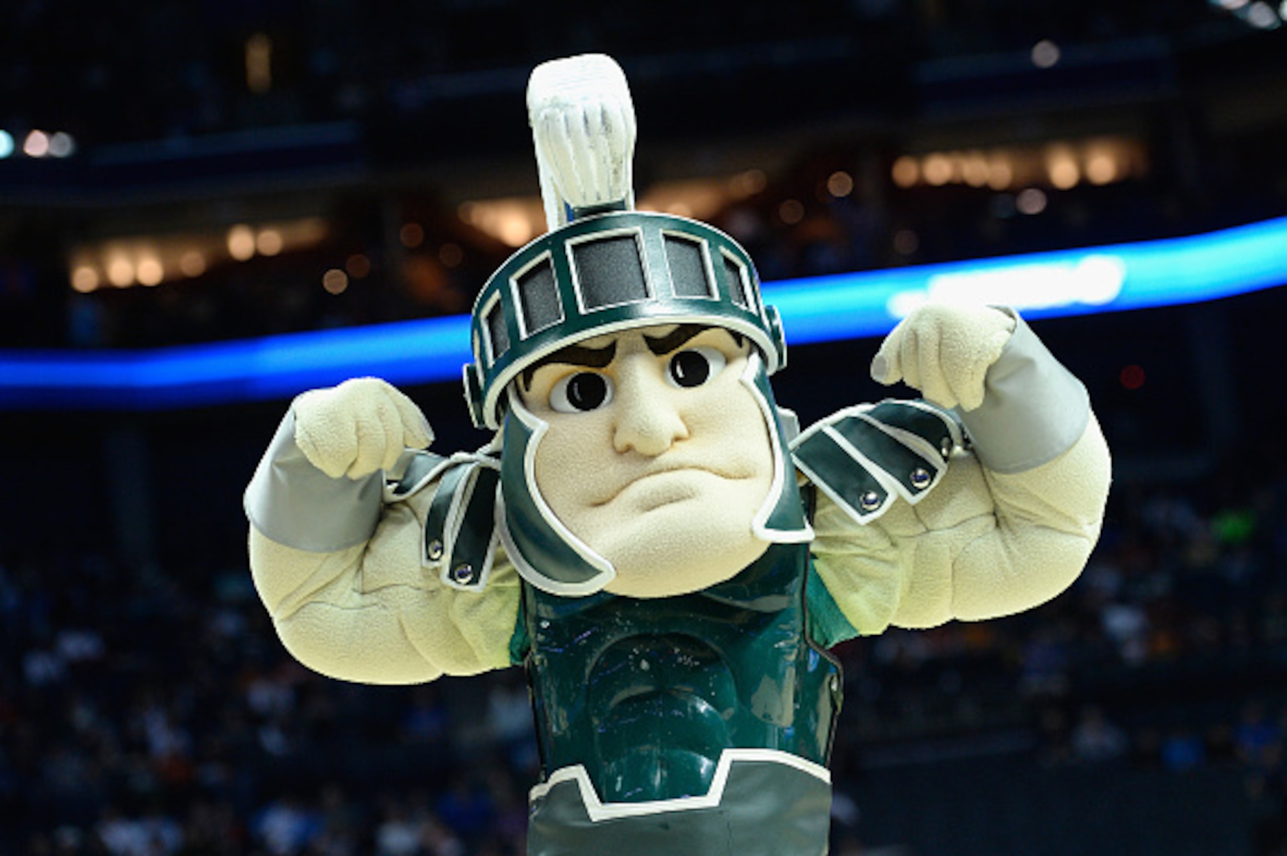 CHARLOTTE, NC - MARCH 20:  The mascot of the Michigan State Spartans in action against the Georgia Bulldogs during the second round of the 2015 NCAA Men's Basketball Tournament at Time Warner Cable Arena on March 20, 2015 in Charlotte, North Carolina.  (P