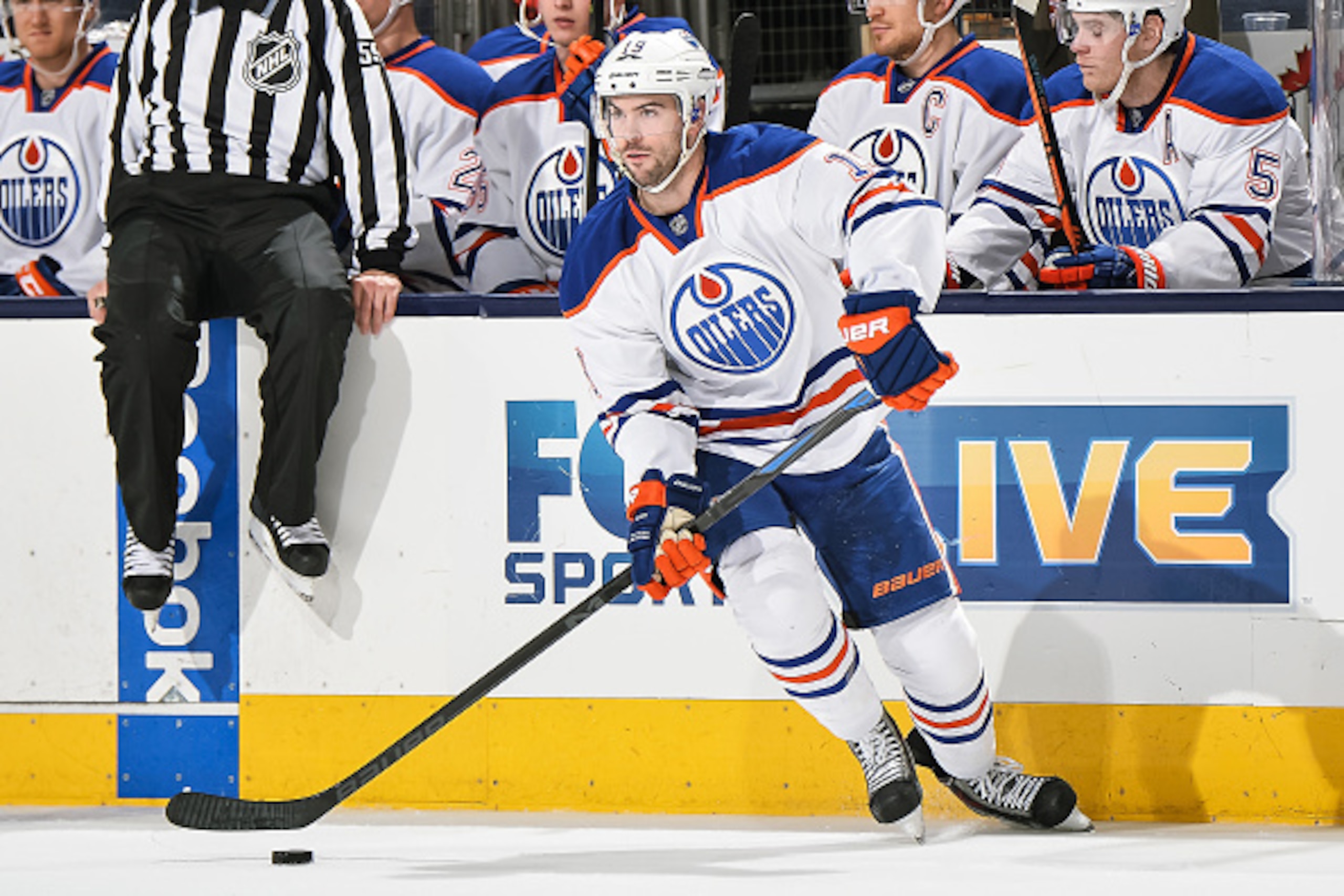 COLUMBUS, OH - MARCH 13:   Justin Schultz #19 of the Edmonton Oilers skates against the Columbus Blue Jackets on March 13, 2015 at Nationwide Arena in Columbus, Ohio.   (Photo by Jamie Sabau/NHLI via Getty Images)