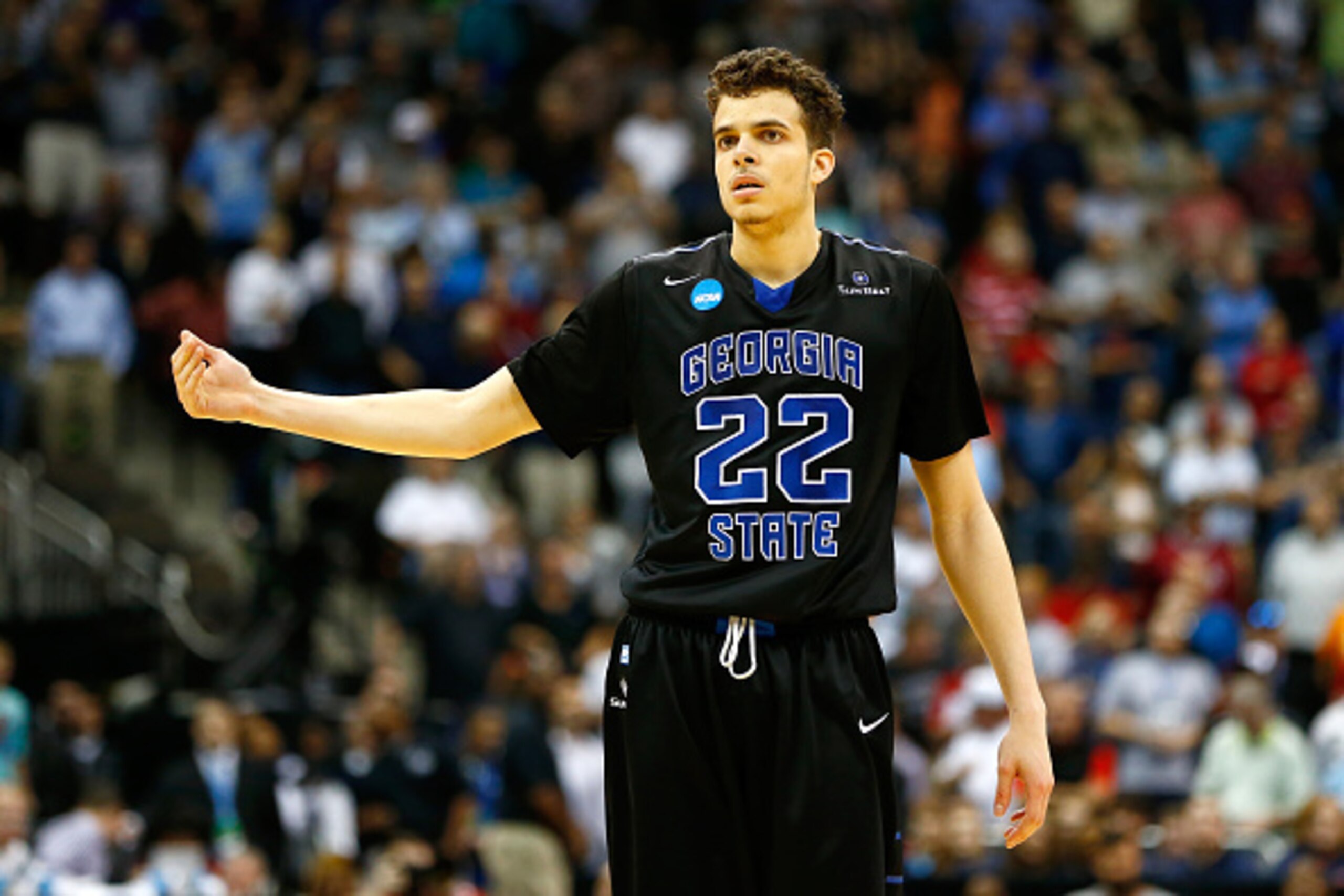 JACKSONVILLE, FL - MARCH 19:  R.J. Hunter #22 of the Georgia State Panthers celebrates after making a game-winning three-pointer against the Baylor Bears with 2.8 seconds left in the second half during the second round of the 2015 NCAA Men's Basketball To