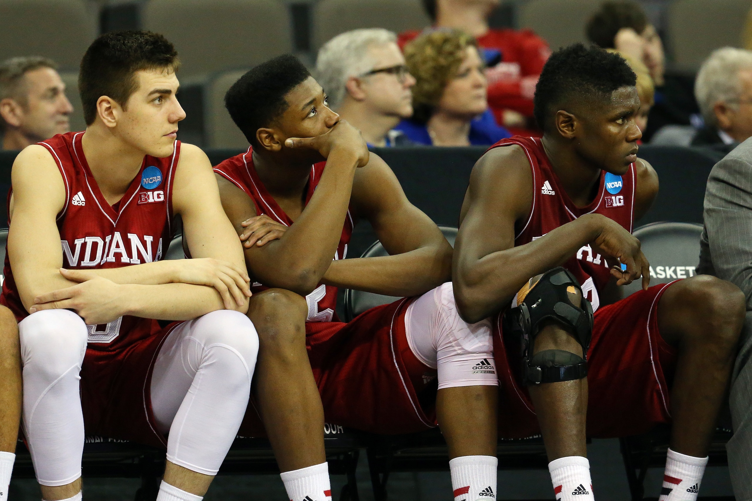 OMAHA, NE - MARCH 20: The Indiana Hoosiers bench looks on in the closing minutes against the Wichita State Shockers during the second round of the 2015 NCAA Men's Basketball Tournament at the CenturyLink Center on March 20, 2015 in Omaha, Nebraska. The Wi