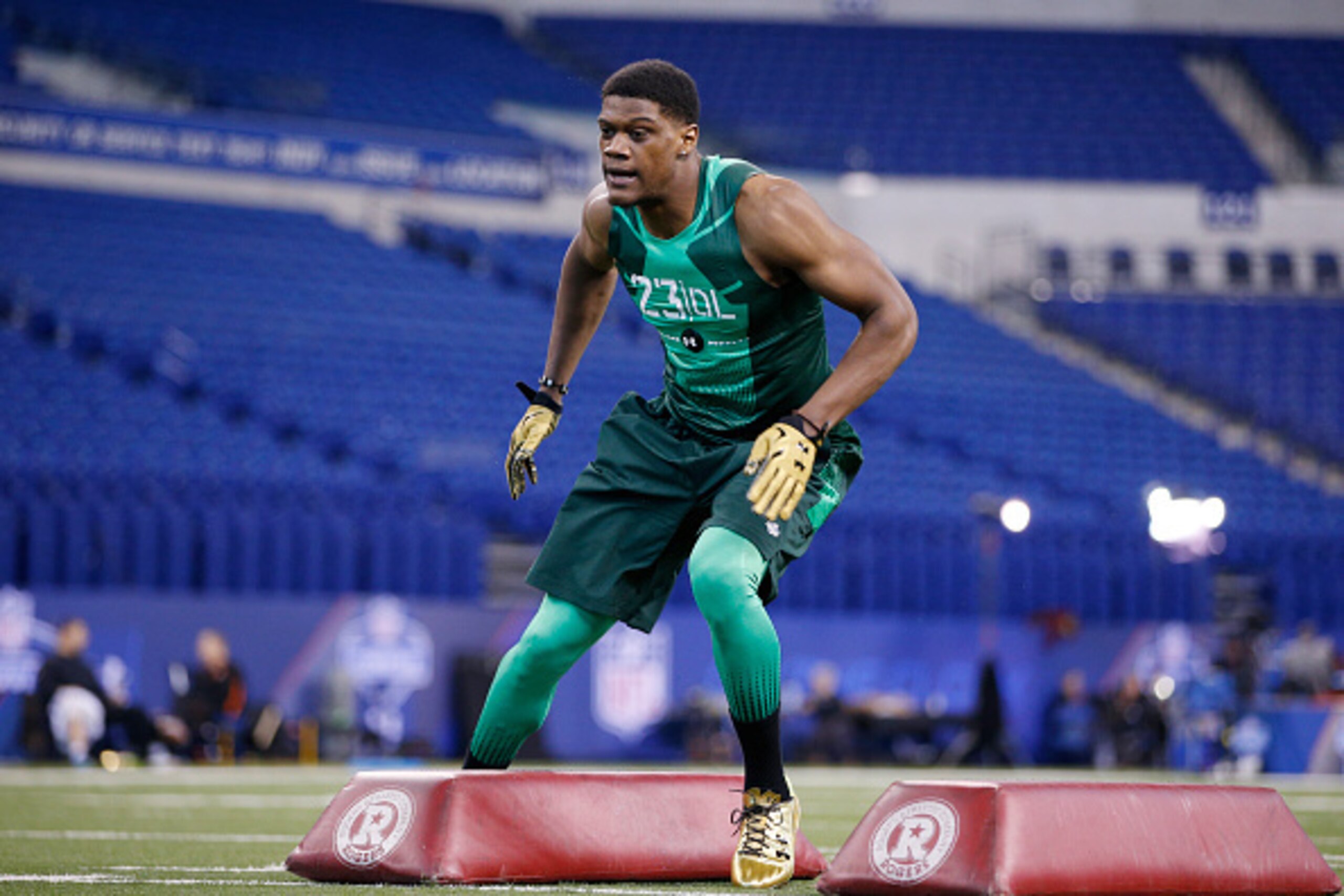 INDIANAPOLIS, IN - FEBRUARY 22: Defensive lineman Randy Gregory of Nebraska competes during the 2015 NFL Scouting Combine at Lucas Oil Stadium on February 22, 2015 in Indianapolis, Indiana. (Photo by Joe Robbins/Getty Images)