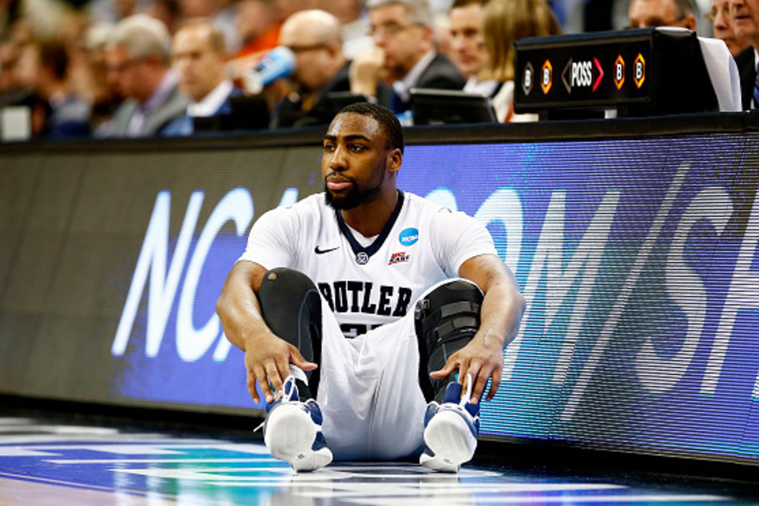 PITTSBURGH, PA - MARCH 19:  Roosevelt Jones #21 of the Butler Bulldogs sits on the side of the court in the second half against the Texas Longhorns during the second round of the 2015 NCAA Men's Basketball Tournament at Consol Energy Center on March 19, 2