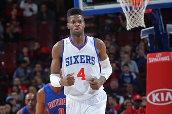 PHILADELPHIA,PA - MARCH 18: Nerlens Noel #4 of the Philadelphia 76ers runs up the court against the Detroit Pistons at Wells Fargo Center on March 18, 2015 in Philadelphia, Pennsylvania NOTE TO USER: User expressly acknowledges and agrees that, by downloa