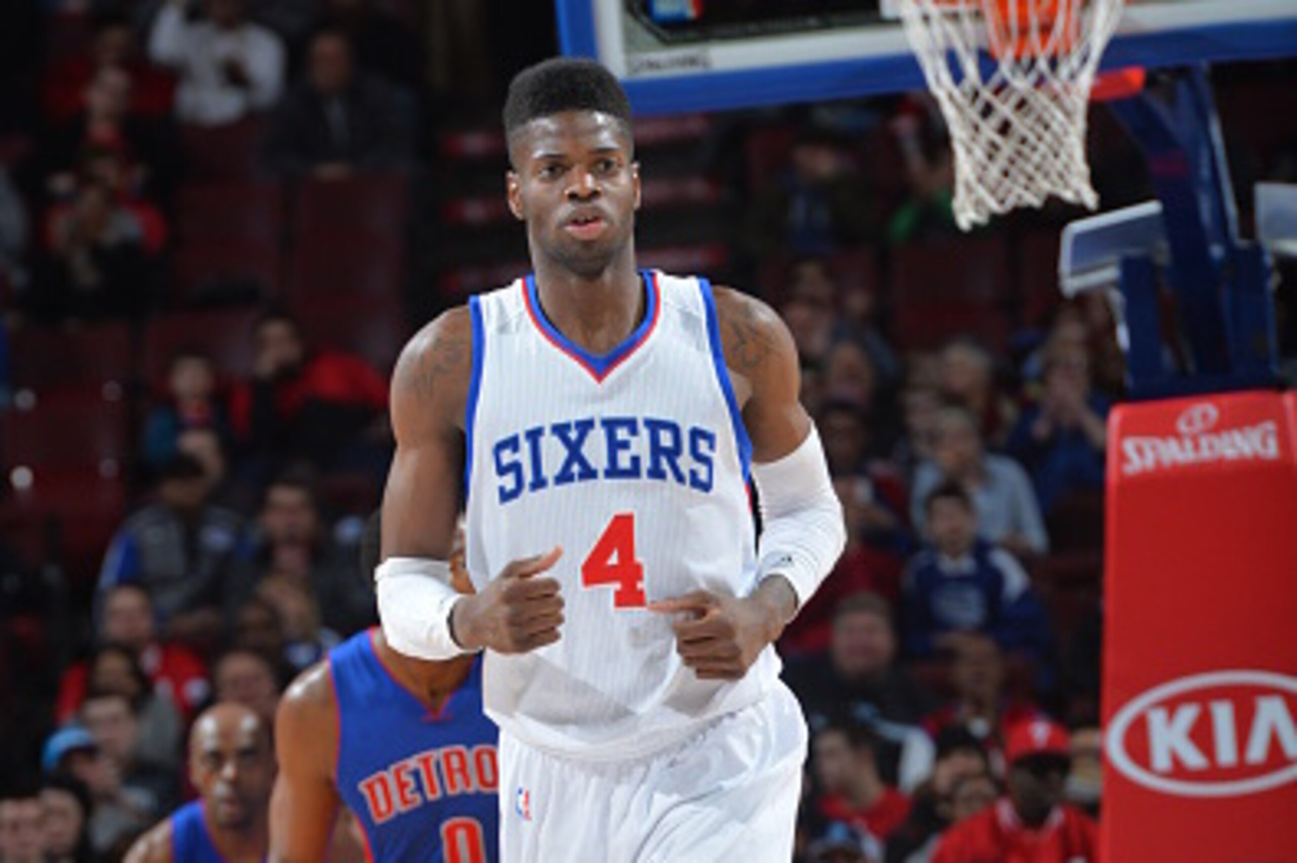 PHILADELPHIA,PA - MARCH 18: Nerlens Noel #4 of the Philadelphia 76ers runs up the court against the Detroit Pistons at Wells Fargo Center on March 18, 2015 in Philadelphia, Pennsylvania NOTE TO USER: User expressly acknowledges and agrees that, by downloa