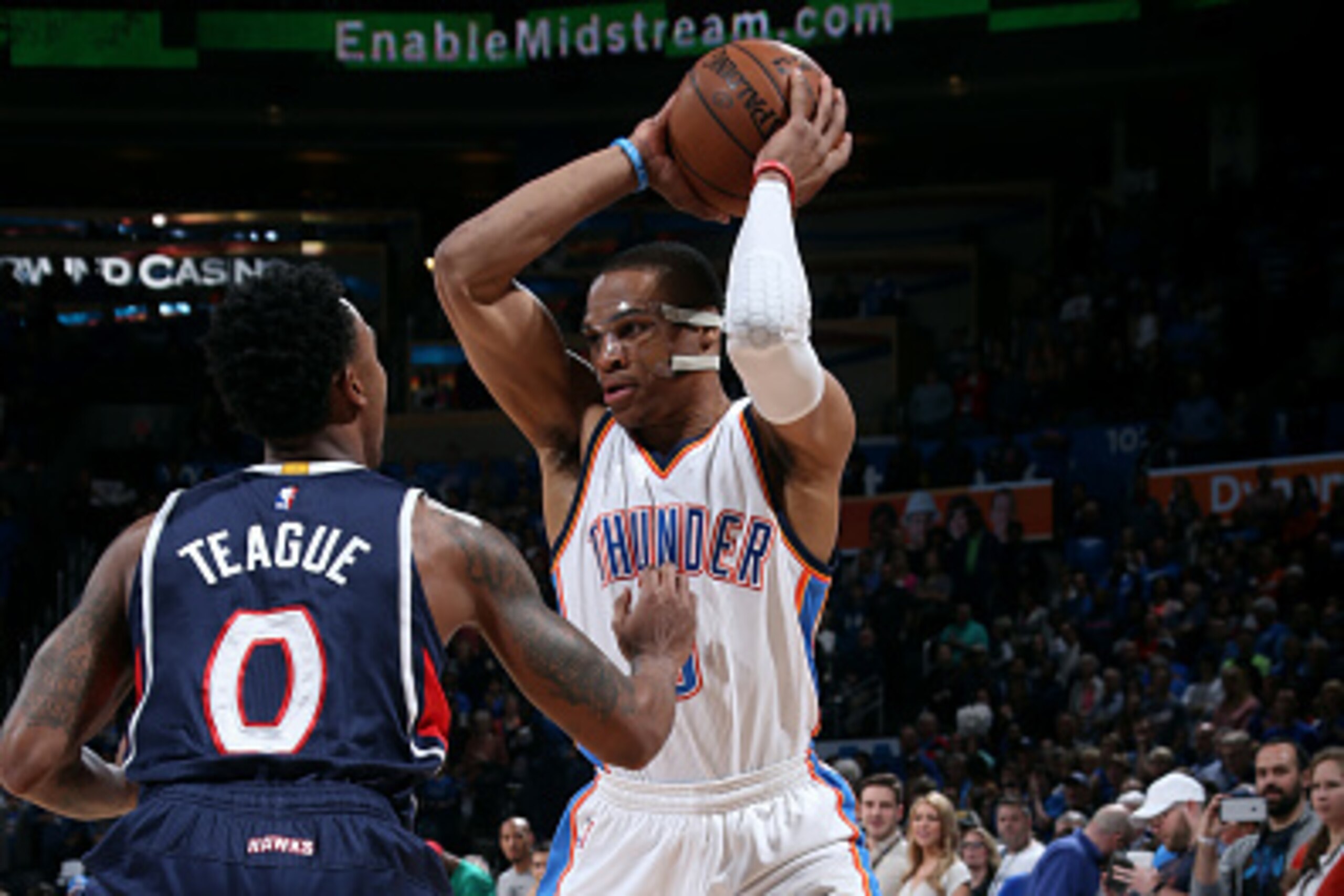 OKLAHOMA CITY, OK- March 20: Russell Westbrook #0 of the Oklahoma City Thunder handles the ball against the Atlanta Hawks on March 20, 2015 at Chesapeake Energy Arena in Oklahoma City, Oklahoma. NOTE TO USER: User expressly acknowledges and agrees that, b