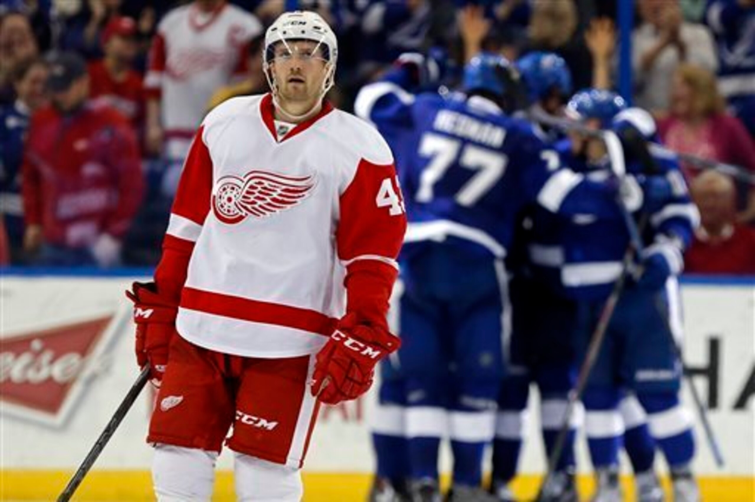 Darren Helm looks skyward after a Tampa Bay Lightning goal. Helm has been good, but was again not really a factor on offense without Pavel Datsyuk.