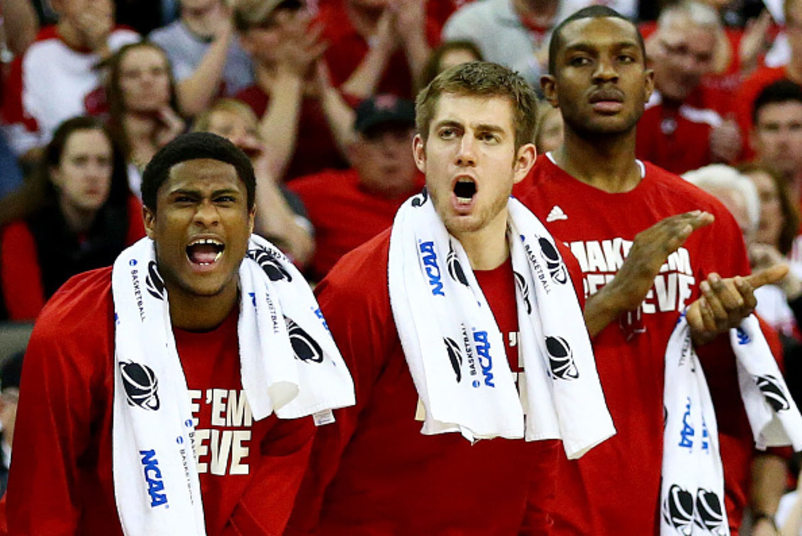 OMAHA, NE - MARCH 20:  The Wisconsin Badgers bench cheers for Frank Kaminsky #44 of the Wisconsin Badgers in the second half against the Coastal Carolina Chanticleers during the second round of the 2015 NCAA Men's Basketball Tournament at the CenturyLink 