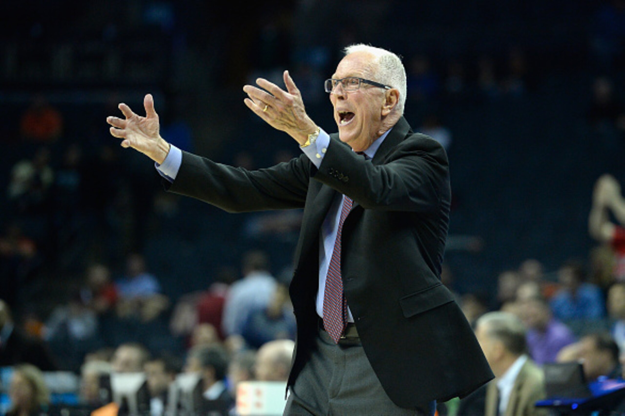 CHARLOTTE, NC - MARCH 20:  Head coach Steve Fisher of the San Diego State Aztecs reacts against the St. John's Red Storm during the second round of the 2015 NCAA Men's Basketball Tournament at Time Warner Cable Arena on March 20, 2015 in Charlotte, North 