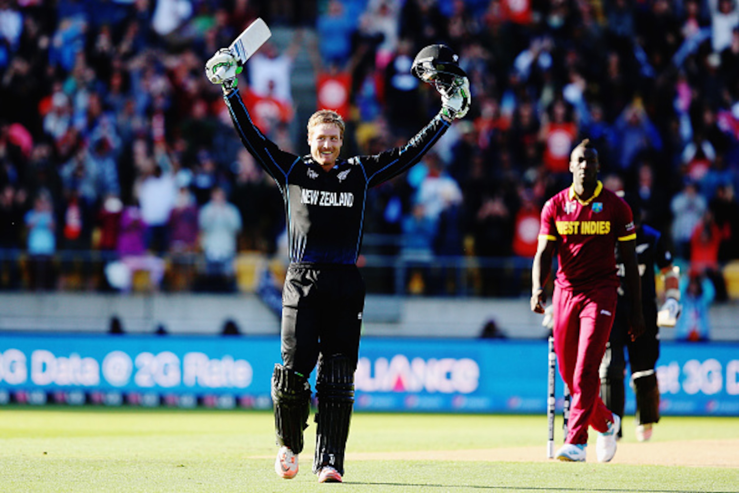WELLINGTON, NEW ZEALAND - MARCH 21:  Martin Guptill of New Zealand celebrates after scoring 200 runs during the 2015 ICC Cricket World Cup match between New Zealand and the West Indies at Wellington Regional Stadium on March 21, 2015 in Wellington, New Ze