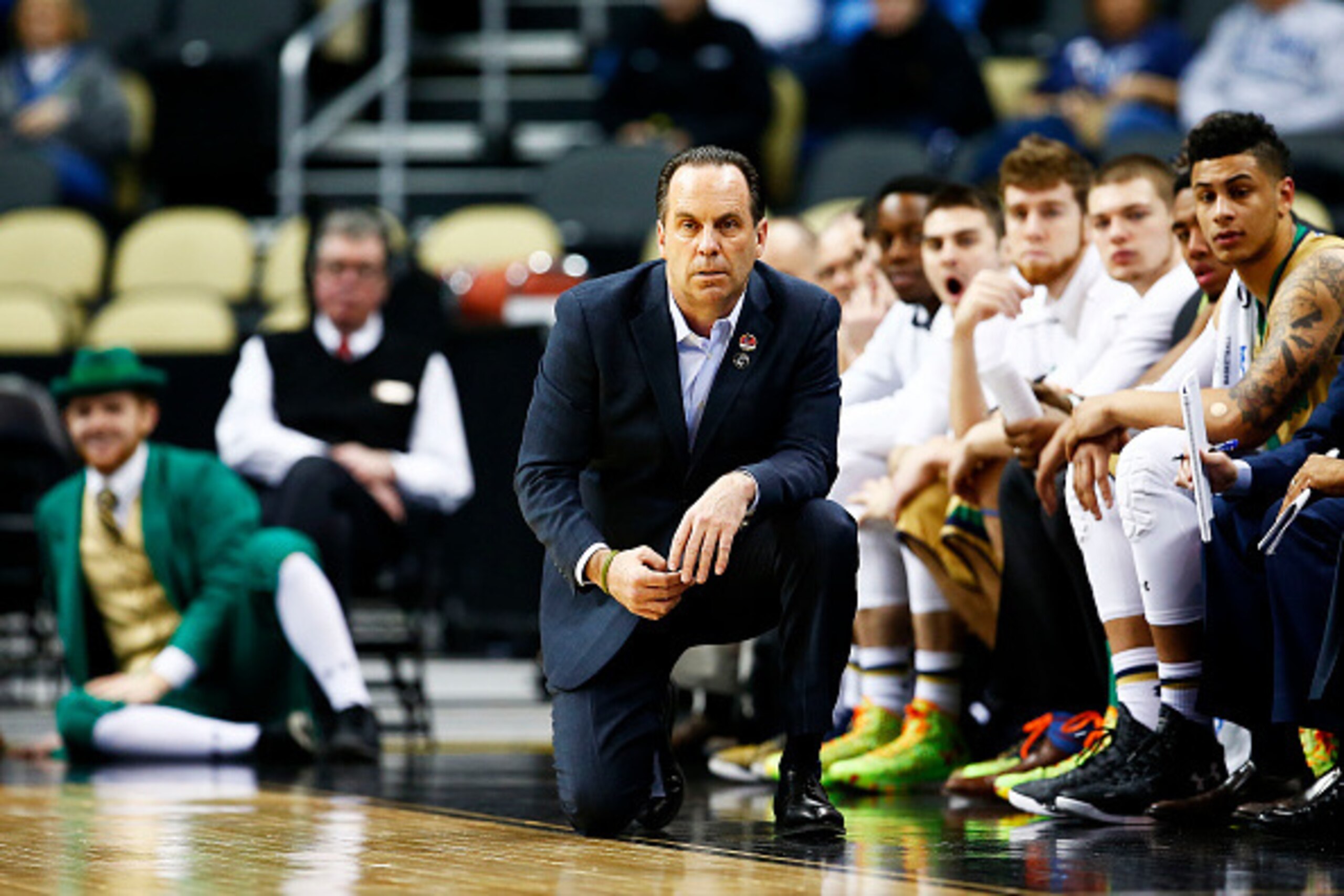 PITTSBURGH, PA - MARCH 19:  Head coach Mike Brey of the Notre Dame Fighting Irish looks on in the first half against the Northeastern Huskies during the second round of the 2015 NCAA Men's Basketball Tournament at Consol Energy Center on March 19, 2015 in