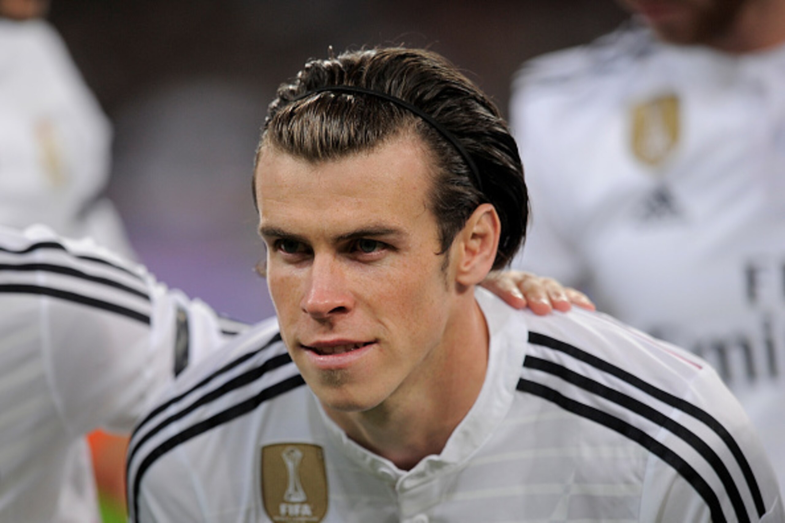 MADRID, SPAIN - MARCH 15:  Gareth Bale of Real Madrid smiles during the team photograph during the La Liga match between Real Madrid CF and Levante UD at Estadio Santiago Bernabeu on March 15, 2015 in Madrid, Spain.  (Photo by Denis Doyle/Getty Images)