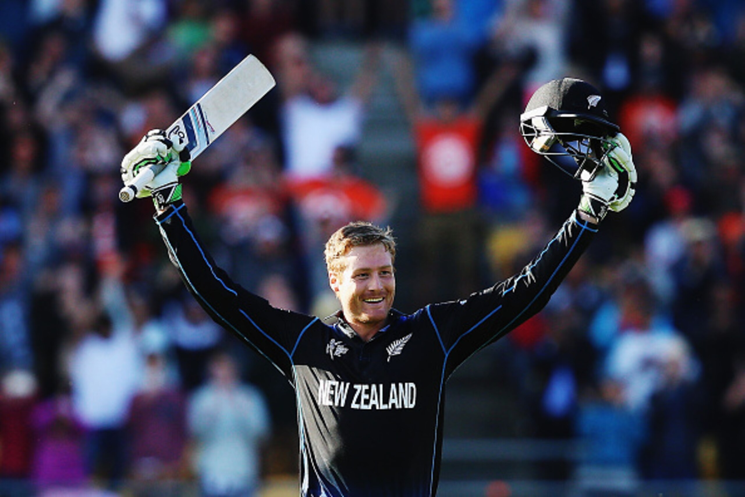 WELLINGTON, NEW ZEALAND - MARCH 21:  Martin Guptill of New Zealand celebrates after scoring 200 runs during the 2015 ICC Cricket World Cup match between New Zealand and the West Indies at Wellington Regional Stadium on March 21, 2015 in Wellington, New Ze