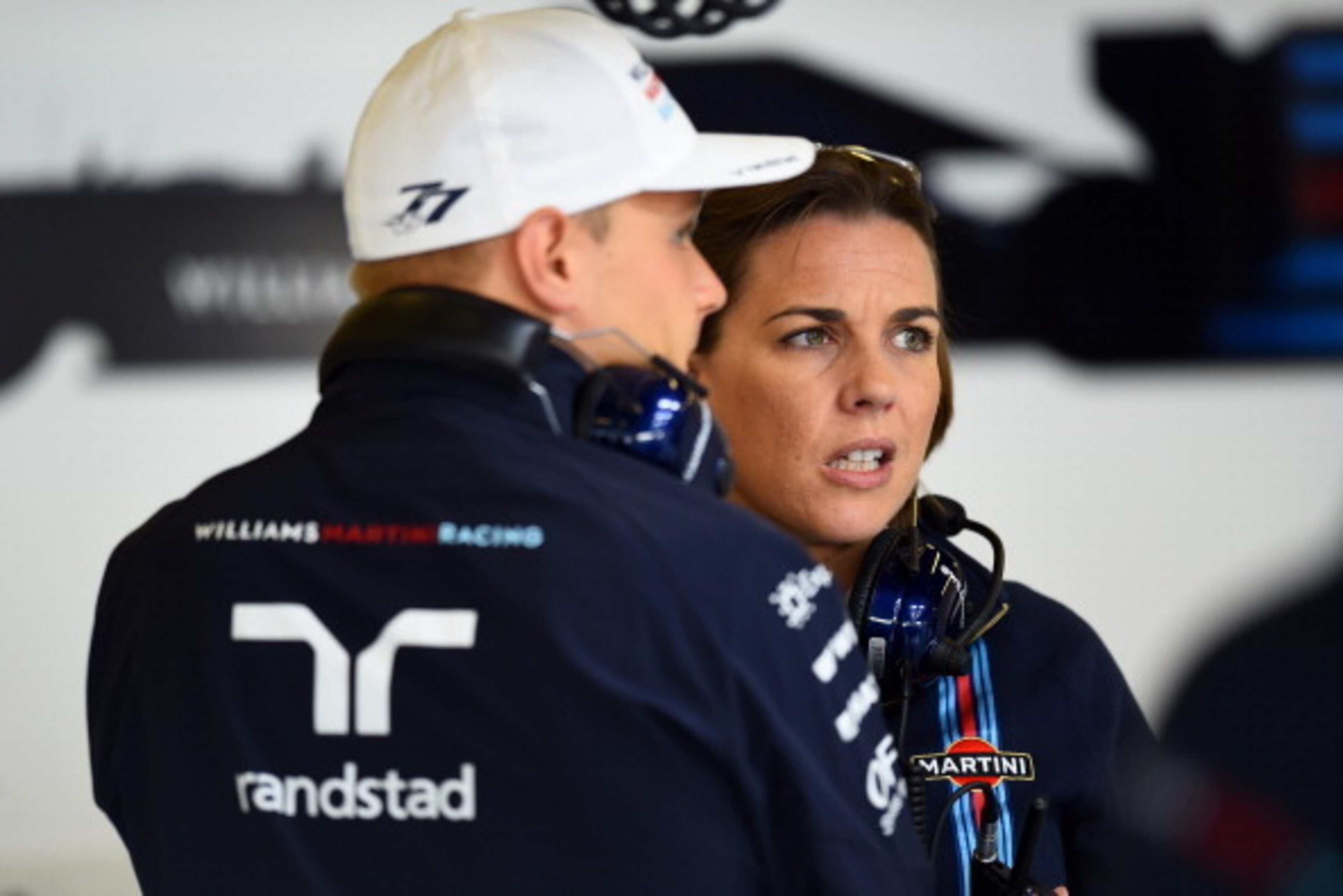 NORTHAMPTON, ENGLAND - JULY 04: Deputy team principal Claire Williams speaks with Valtteri Bottas of Finland and Williams in the garage during practice ahead of the British Formula One Grand Prix at Silverstone Circuit on July 4, 2014 in Northampton, Uni NORTHAMPTON, ENGLAND - JULY 04: Deputy team principal Claire Williams speaks with Valtteri Bottas of Finland and Williams in the garage during practice ahead of the British Formula One Grand Prix at Silverstone Circuit on July 4, 2014 in Northampton, Uni