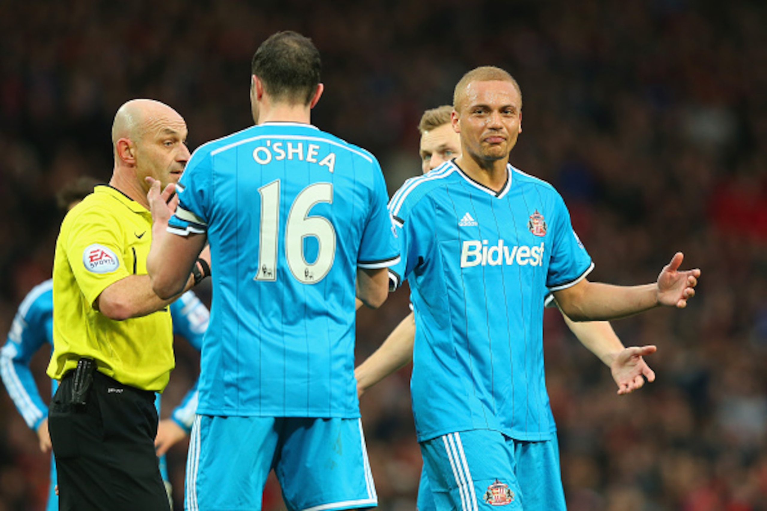 MANCHESTER, ENGLAND - FEBRUARY 28: Wes Brown of Sunderland reacts after being shown a straight red card by Refere  Roger East for a challenge on Radamel Falcao García of Manchester United during the Barclays Premier League match between Manchester United 