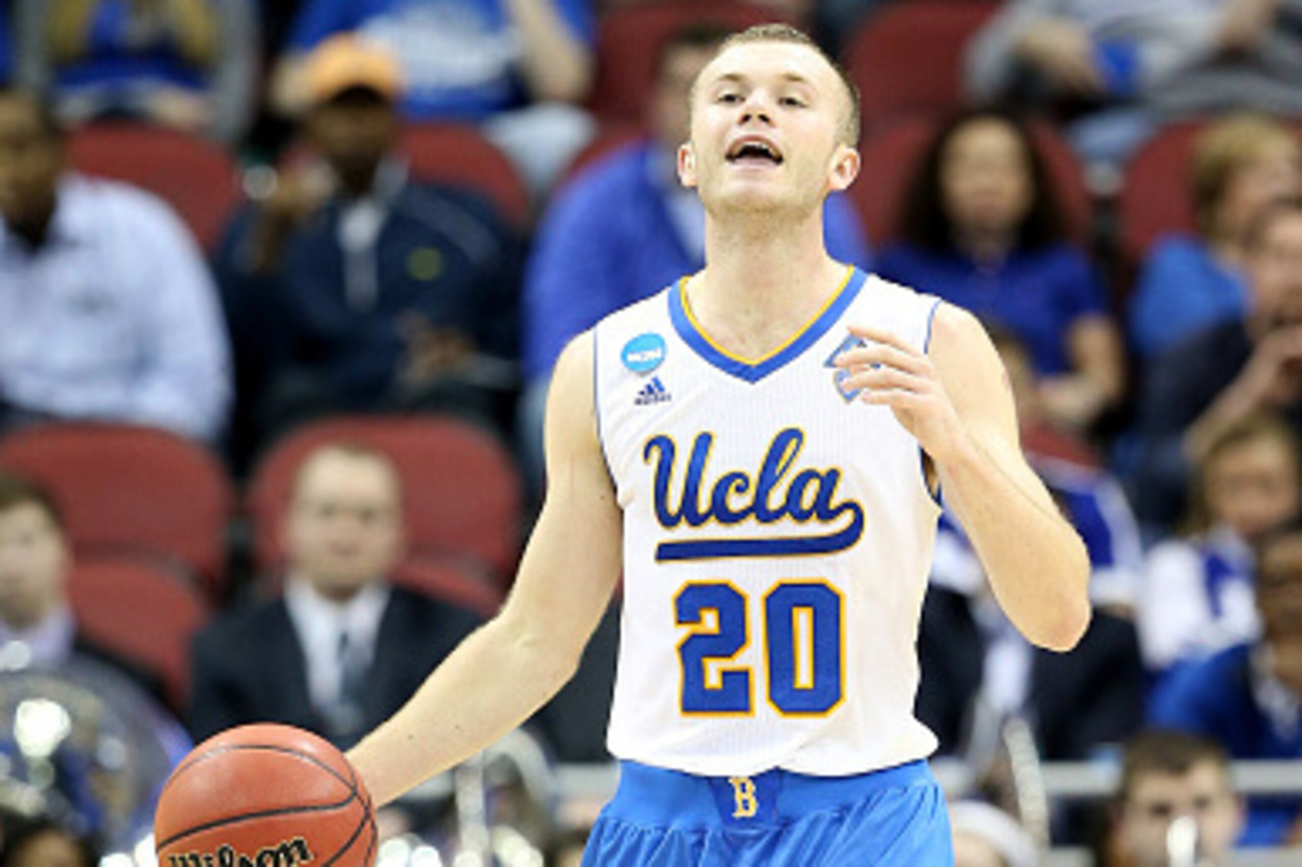 LOUISVILLE, KY - MARCH 21:  Bryce Alford #20 of the UCLA Bruins brings the ball up the court against the UAB Blazers during the third round of the 2015 NCAA Men's Basketball Tournament at KFC YUM! Center on March 21, 2015 in Louisville, Kentucky.  (Photo 