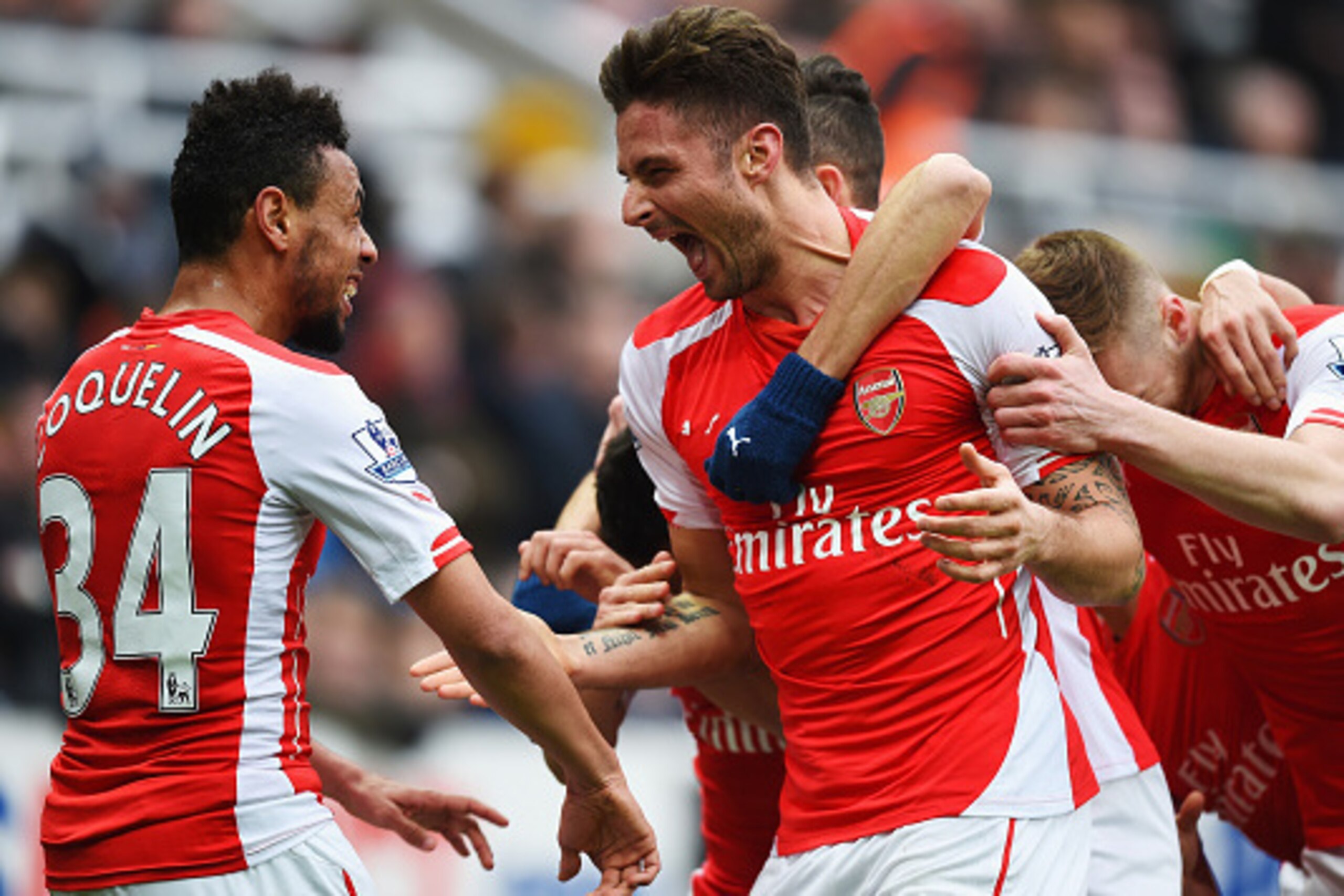 NEWCASTLE UPON TYNE, ENGLAND - MARCH 21: Olivier Giroud of Arsenal celebrates scoring his second goal with Francis Coquelin during the Barclays Premier League match between Newcastle United and Arsenal at St James' Park on March 21, 2015 in Newcastle upo NEWCASTLE UPON TYNE, ENGLAND - MARCH 21: Olivier Giroud of Arsenal celebrates scoring his second goal with Francis Coquelin during the Barclays Premier League match between Newcastle United and Arsenal at St James' Park on March 21, 2015 in Newcastle upo