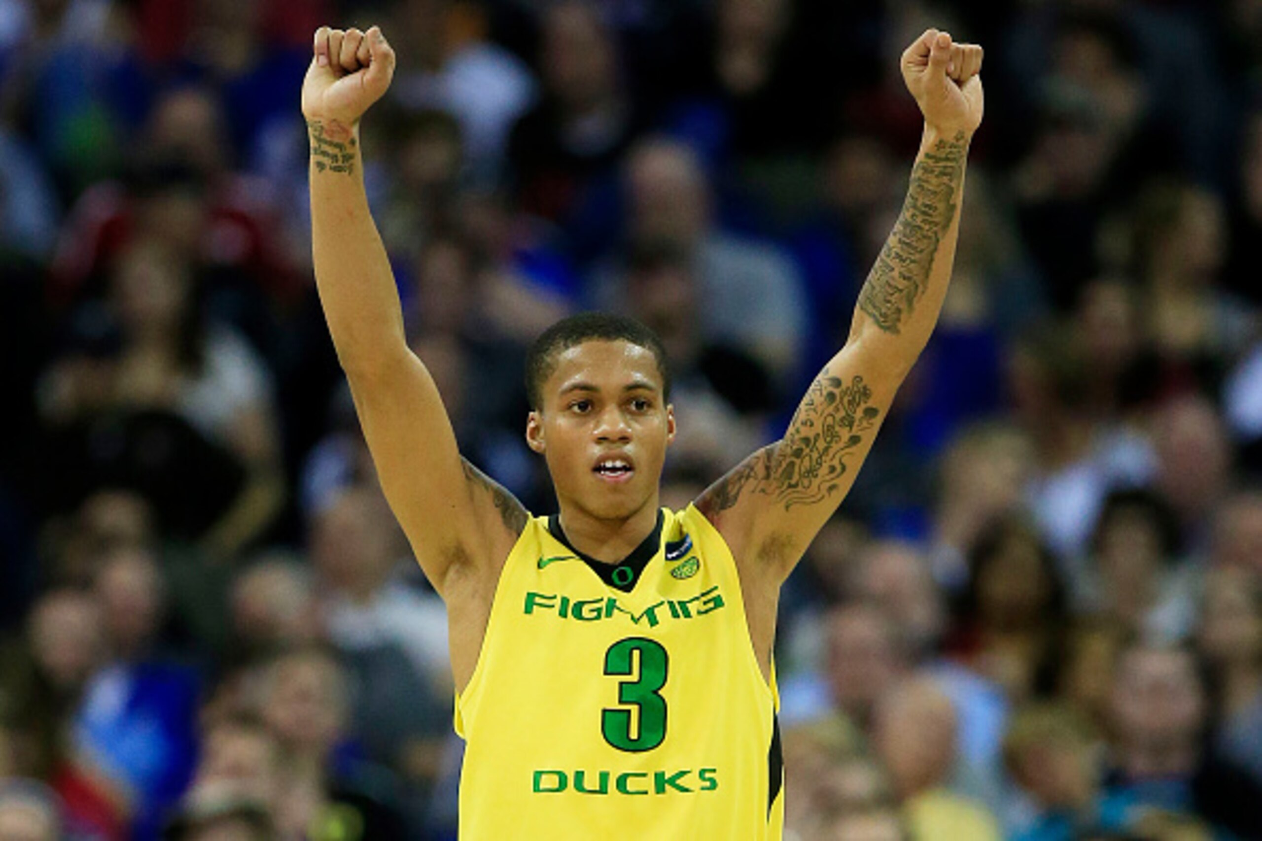 OMAHA, NE - MARCH 20:  Joseph Young #3 of the Oregon Ducks celebrates in the second half against the Oklahoma State Cowboys during the second round of the 2015 NCAA Men's Basketball Tournament at the CenturyLink Center on March 20, 2015 in Omaha, Nebraska