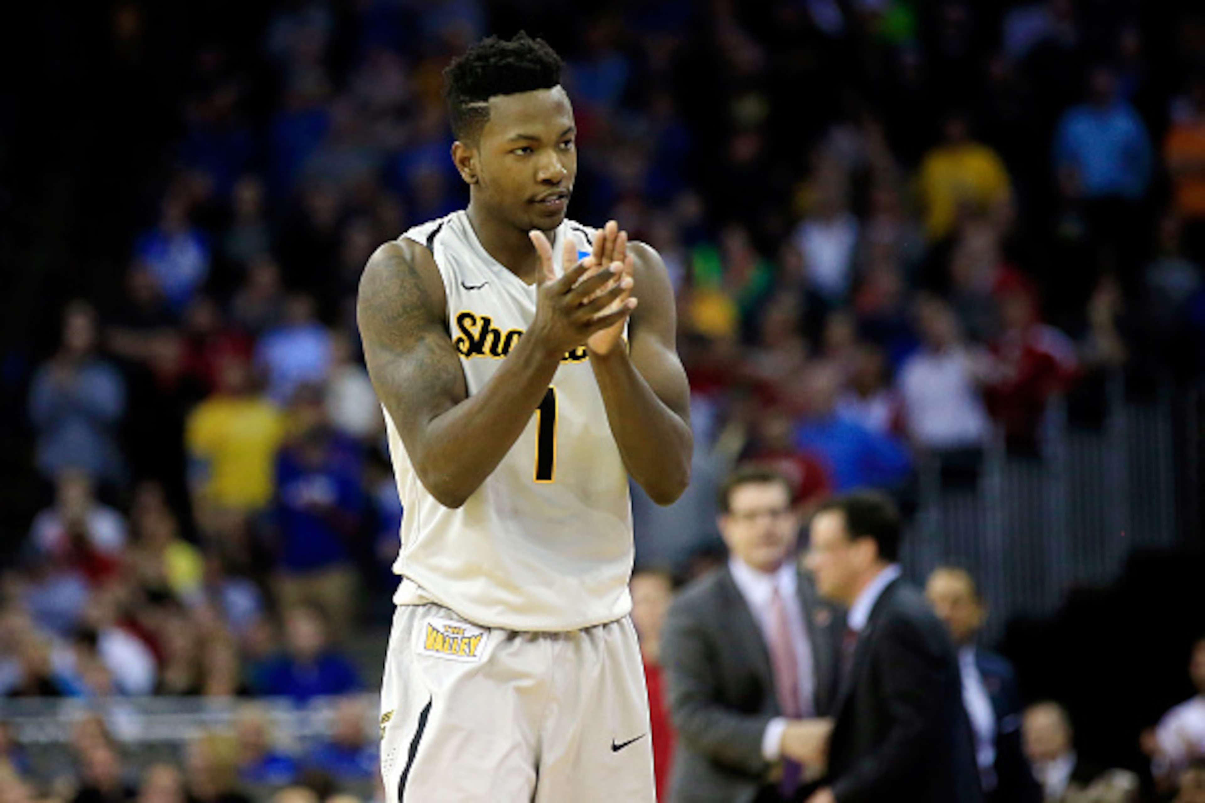 OMAHA, NE - MARCH 20: Zach Brown #1 of the Wichita State Shockers reacts against the Indiana Hoosiers during the second round of the 2015 NCAA Men's Basketball Tournament at the CenturyLink Center on March 20, 2015 in Omaha, Nebraska.  (Photo by Jamie Squ