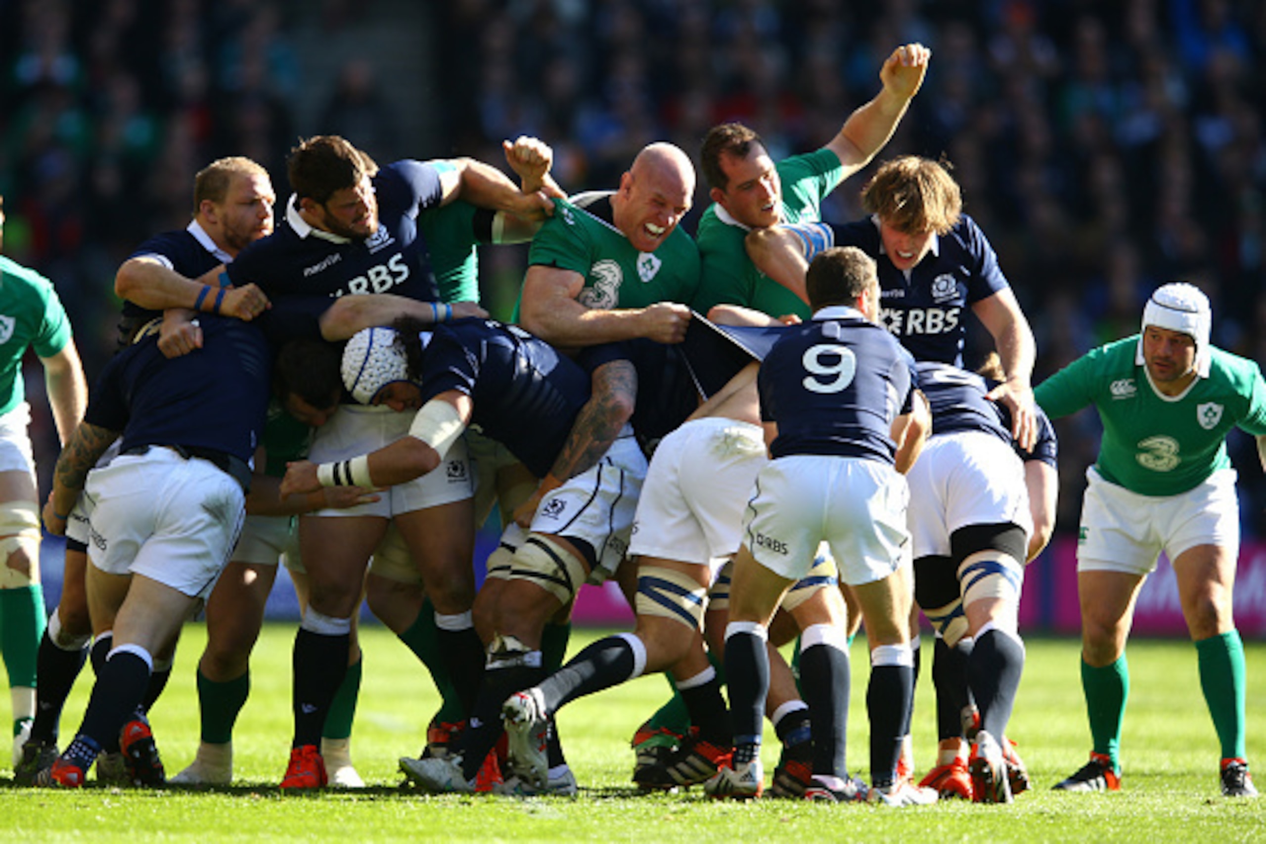EDINBURGH, SCOTLAND - MARCH 21: Scotland try to drive the ball trough Ireland during the RBS Six Nations match between Scotland and Ireland at Murrayfield on March 21, 2015 in Edinburgh, Scotland. (Photo by Richard Heathcote/Getty Images) EDINBURGH, SCOTLAND - MARCH 21: Scotland try to drive the ball trough Ireland during the RBS Six Nations match between Scotland and Ireland at Murrayfield on March 21, 2015 in Edinburgh, Scotland. (Photo by Richard Heathcote/Getty Images)