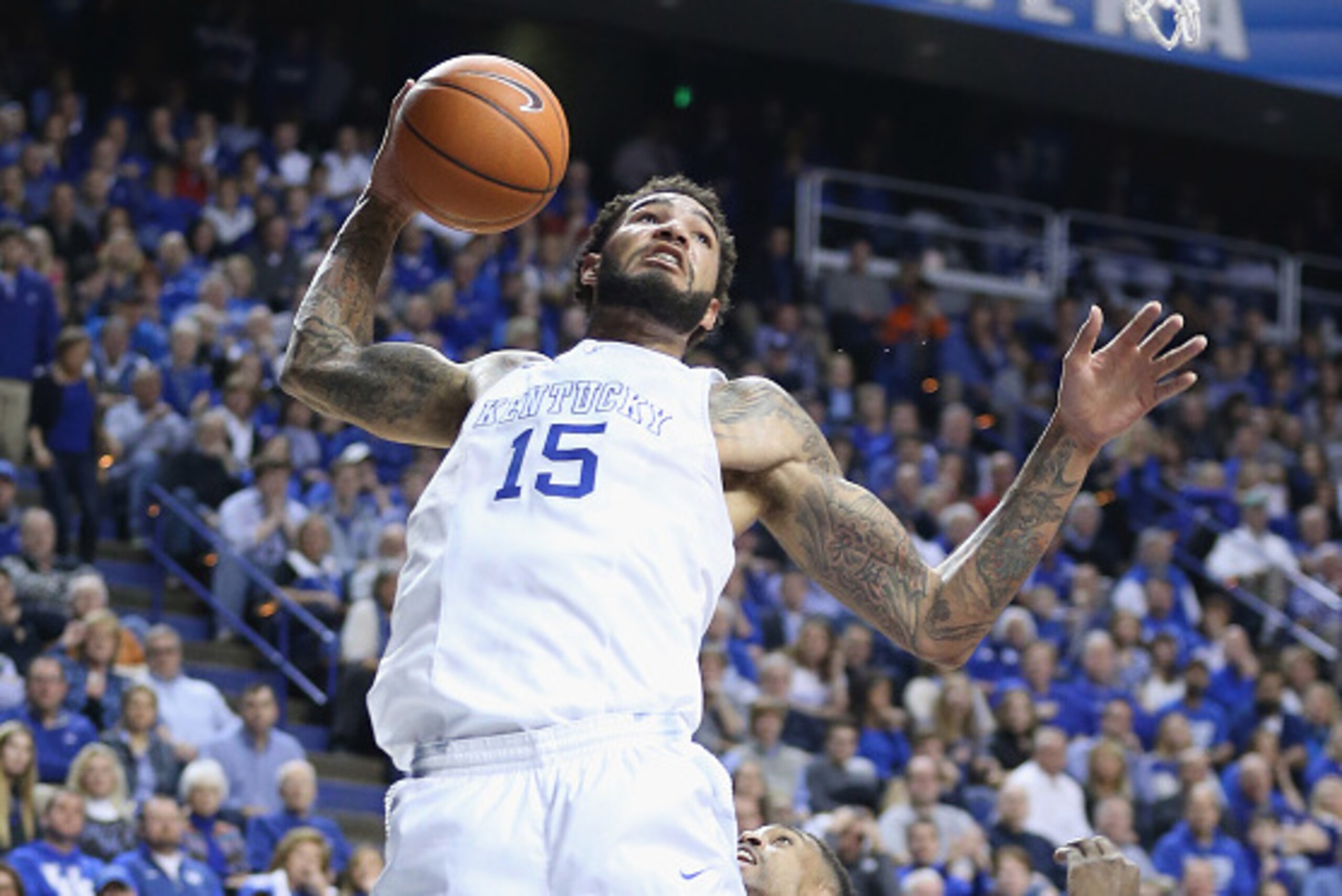 LEXINGTON, KY - FEBRUARY 28:  Willie Cauley-Stein #15 of the Kentucky Wildcats grabs a rebound during the game against the Arkansas Razorbacks at Rupp Arena on February 28, 2015 in Lexington, Kentucky.  (Photo by Andy Lyons/Getty Images)