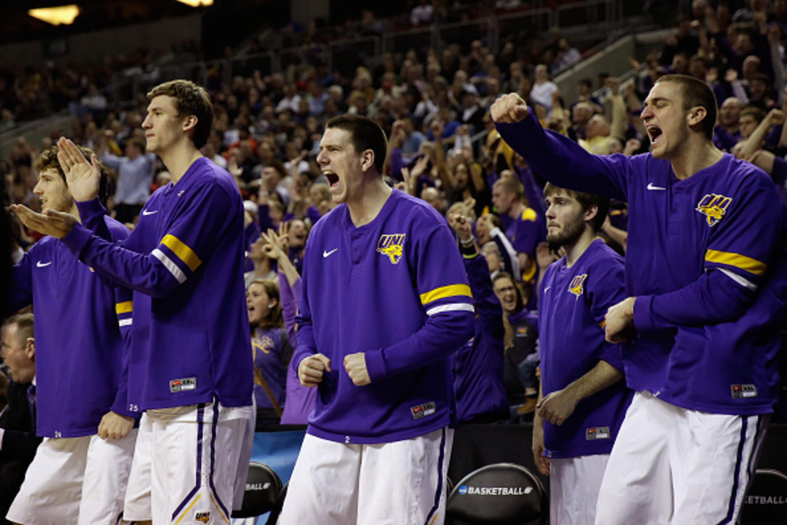 SEATTLE, WA - MARCH 20:  Members of the Northern Iowa Panthers react during the second half against the Wyoming Cowboys during the second round of the 2015 Men's NCAA Basketball Tournament at KeyArena on March 20, 2015 in Seattle, Washington.  (Photo by E