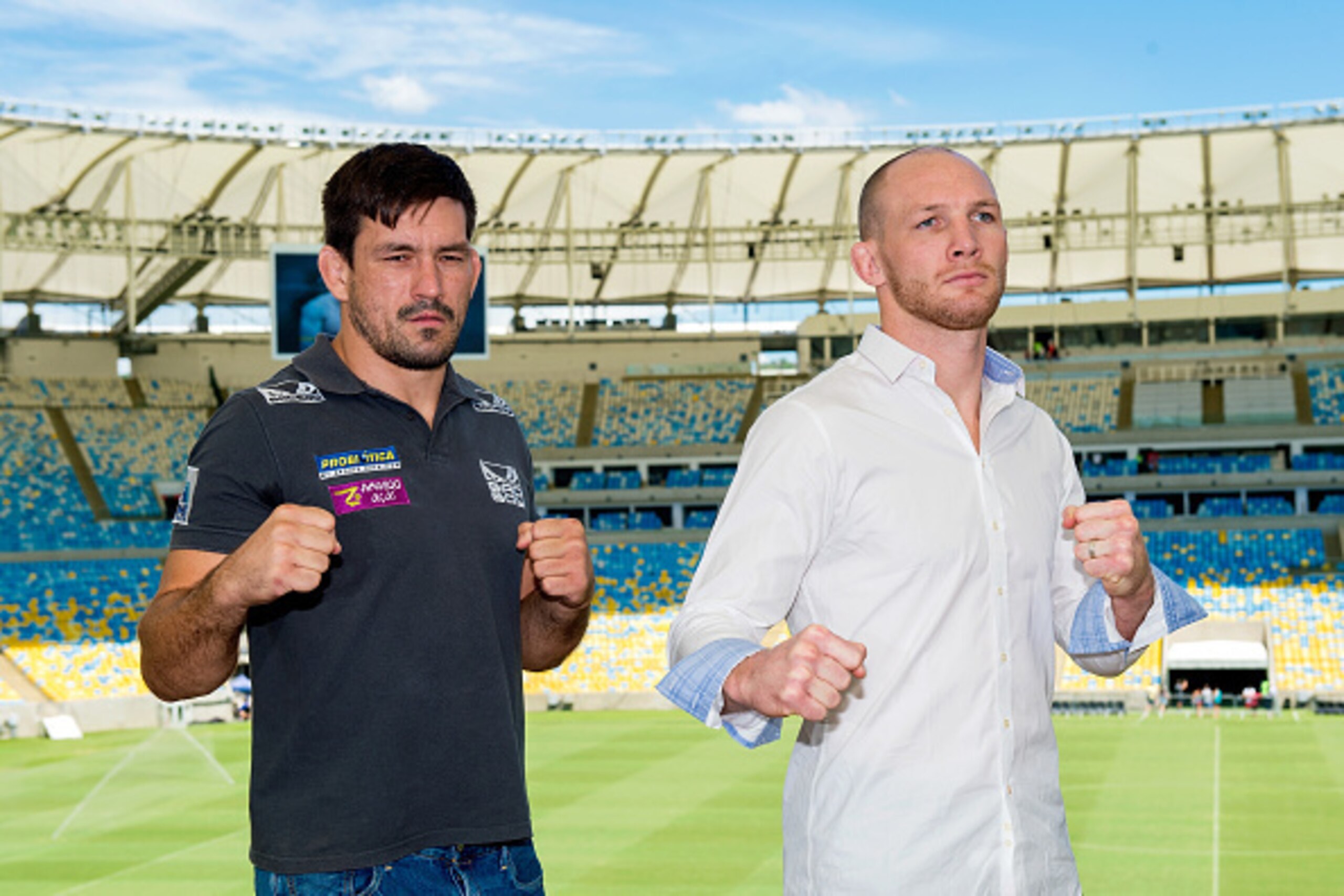RIO DE JANEIRO, BRAZIL - FEBRUARY 10:  Opponents Demian Maia of Brazil (L) and Ryan Laflare of the United States pose for a photo during the UFC Rio Open Workouts at Maracana Stadium on February 10, 2015 in Rio de Janeiro, Brazil.  (Photo by Buda Mendes/G