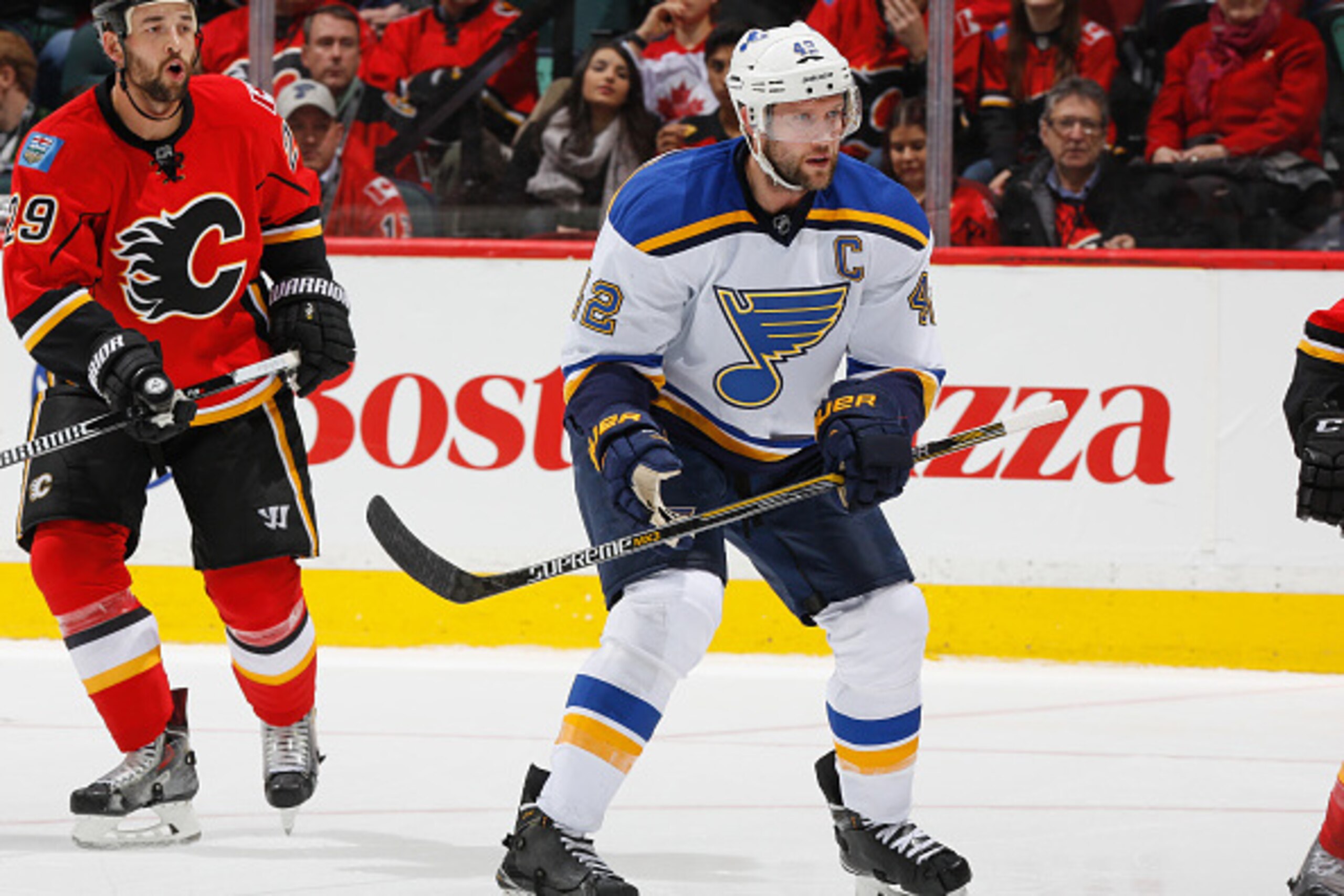CALGARY, AB - MARCH 17: David Backes #42 of the St Louis Blues skates against the Calgary Flames at Scotiabank Saddledome on March 17, 2015 in Calgary, Alberta, Canada. (Photo by Gerry Thomas/NHLI via Getty Images)