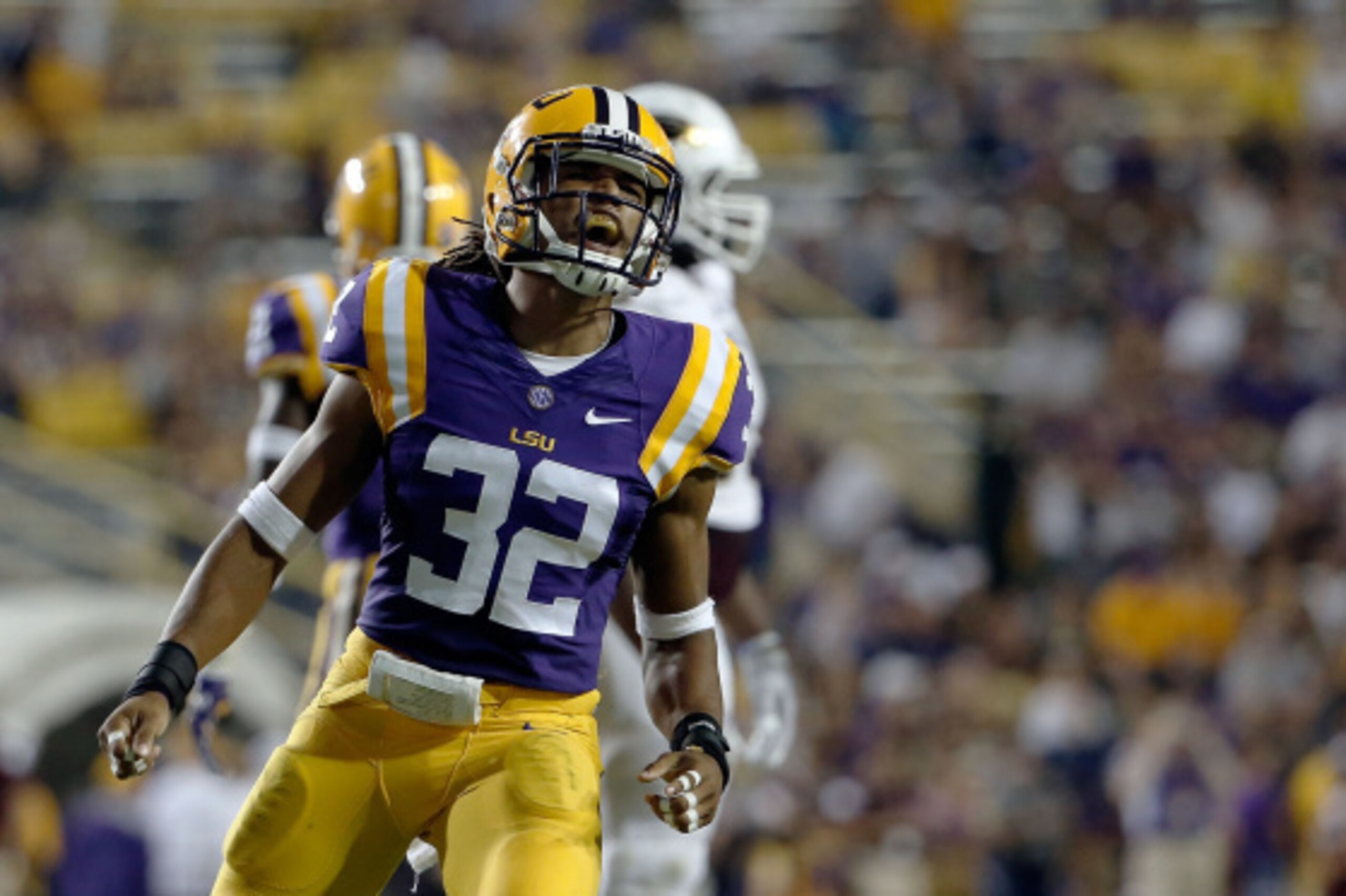BATON ROUGE, LA - SEPTEMBER 13:  Jalen Collins #32 of the LSU Tigers reacts to a defensive stop during the fourth quarter of a game against the Louisiana Monroe Warhawks at Tiger Stadium on September 13, 2014 in Baton Rouge, Louisiana.  LSU won the game 3