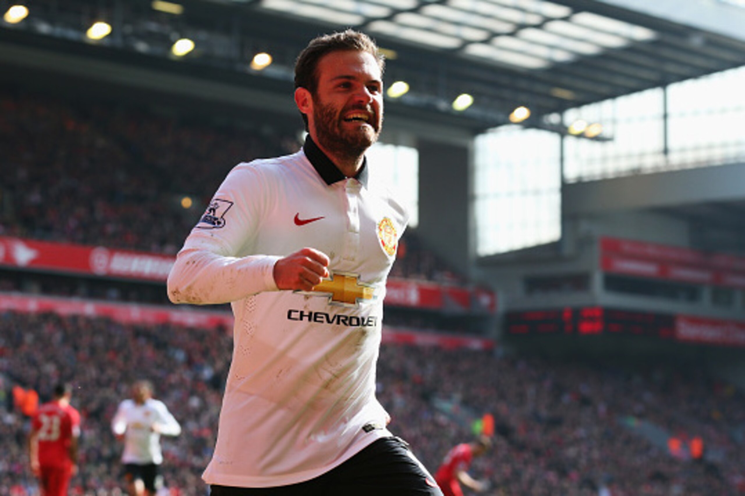 LIVERPOOL, ENGLAND - MARCH 22: Juan Mata of Manchester United celebrates scoring his second goal during the Barclays Premier League match between Liverpool and Manchester United at Anfield on March 22, 2015 in Liverpool, England. (Photo by Alex Livesey/ LIVERPOOL, ENGLAND - MARCH 22: Juan Mata of Manchester United celebrates scoring his second goal during the Barclays Premier League match between Liverpool and Manchester United at Anfield on March 22, 2015 in Liverpool, England. (Photo by Alex Livesey/