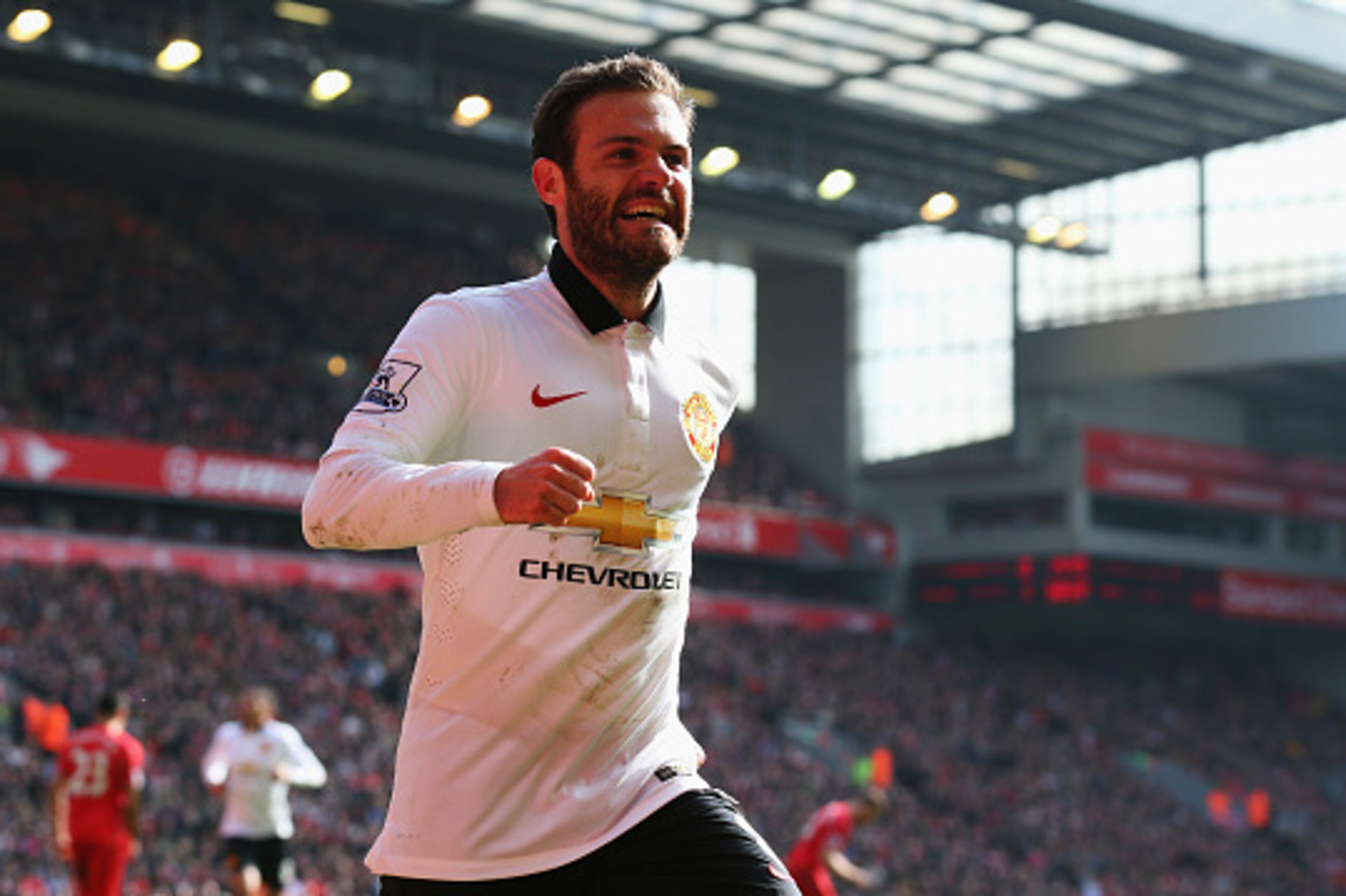 LIVERPOOL, ENGLAND - MARCH 22:  Juan Mata of Manchester United celebrates scoring his second goal during the Barclays Premier League match between Liverpool and Manchester United at Anfield on March 22, 2015 in Liverpool, England.  (Photo by Alex Livesey/