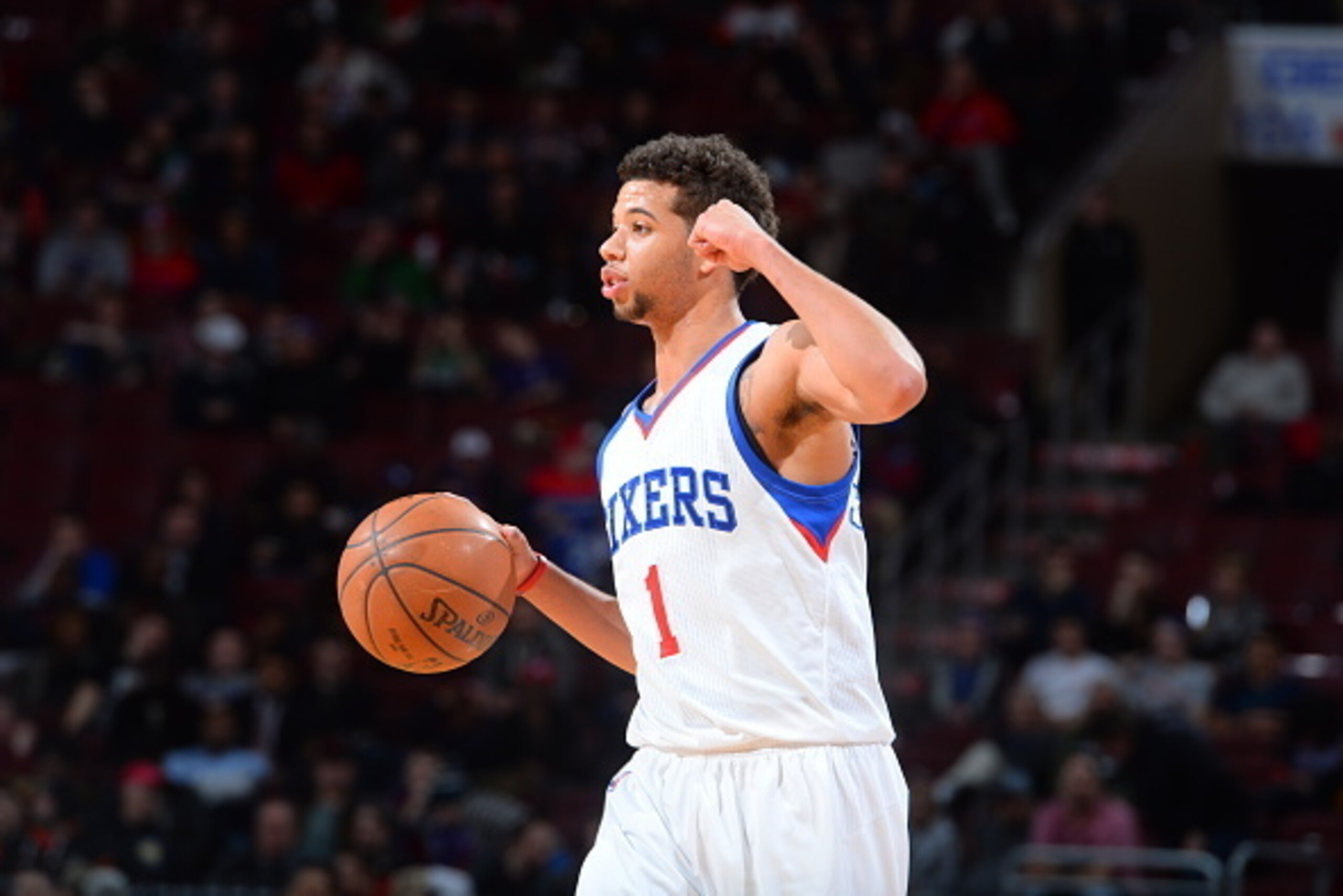 PHILADELPHIA, PA - JANUARY 13: Michael Carter-Williams #1 of the Philadelphia 76ers calls a play against the Atlanta Hawks at Wells Fargo Center on January 13, 2015 in Philadelphia, Pennsylvania NOTE TO USER: User expressly acknowledges and agrees that, b