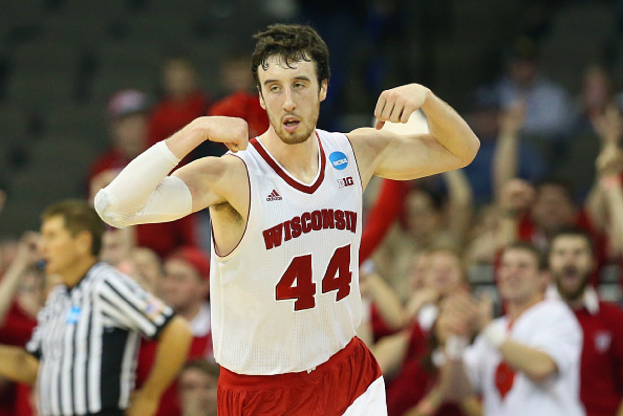 OMAHA, NE - MARCH 22: Frank Kaminsky #44 of the Wisconsin Badgers reacts during the third round of the 2015 NCAA Men's Basketball Tournament at the CenturyLink Center on March 22, 2015 in Omaha, Nebraska  (Photo by Ronald Martinez/Getty Images)